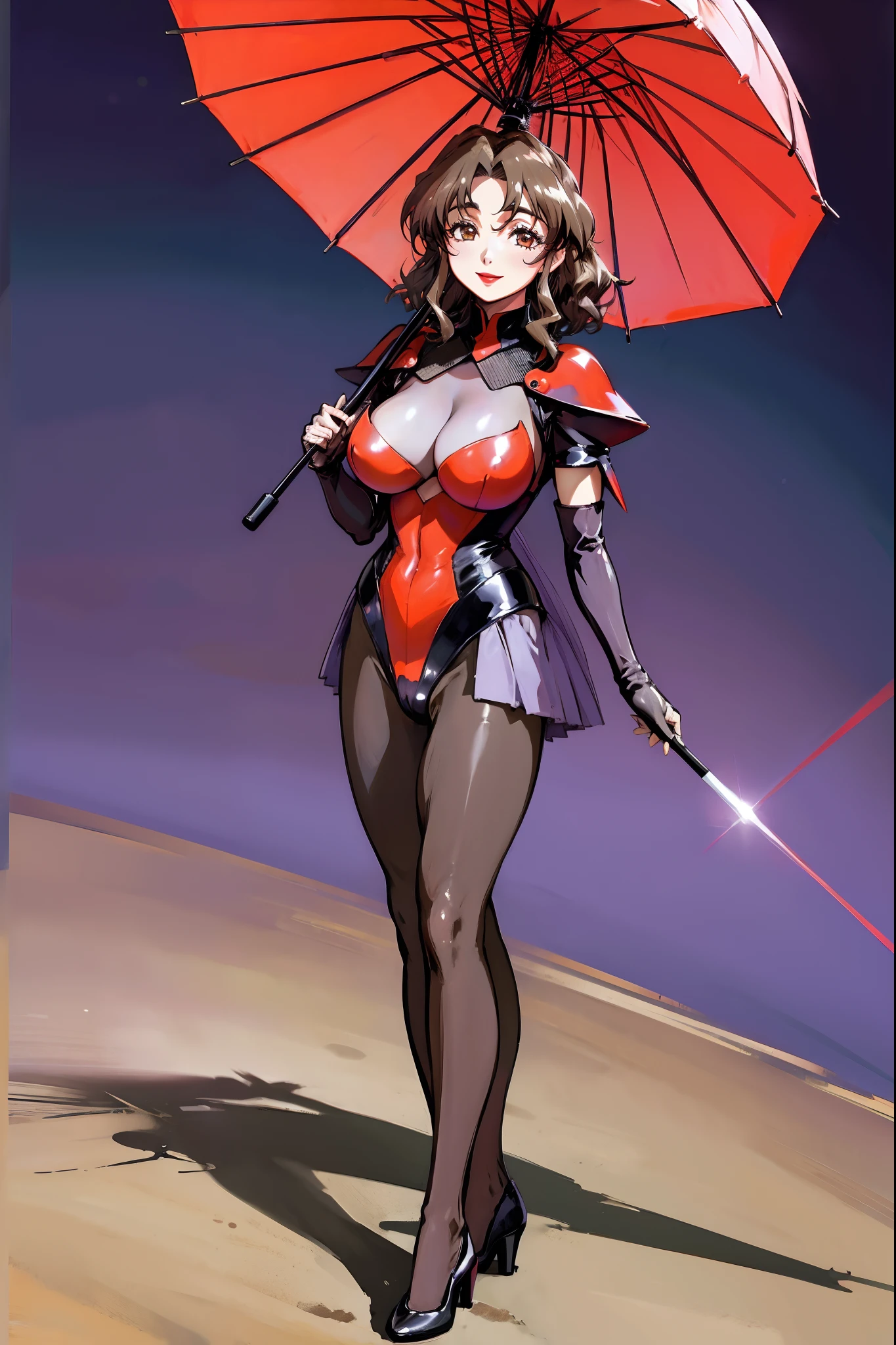 hyatt, pauldrons, leotard, skirt, elbow gloves, pantyhose, 1girl, holding umbrella, sunday city, smile, red lips, curvy, big breast, full body ,standing