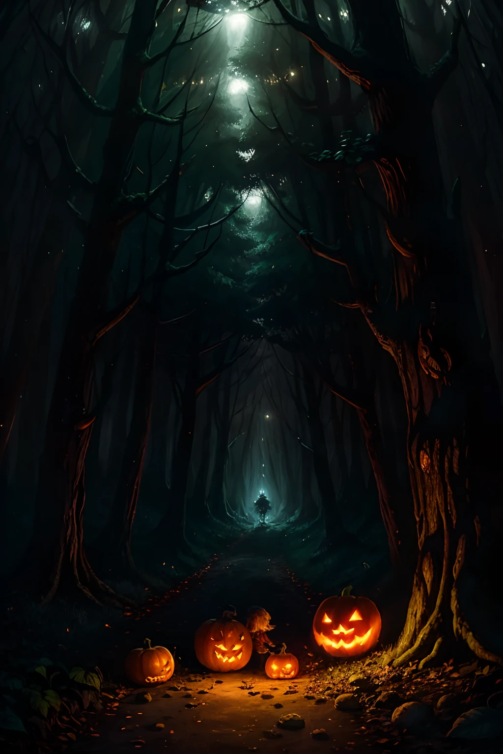 Brave children explore a dark forest, Finding Jack-o'-Lanterns That Light the Way. --auto