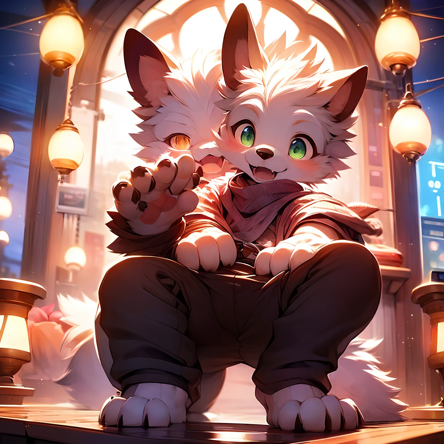 kitty,White hair,White ears,Light blue paws,White tail,Shota,Masterpieces,Wear a pink T-shirt with a cat's claw print,Squat on the ground,Round windows,Beautiful night sky