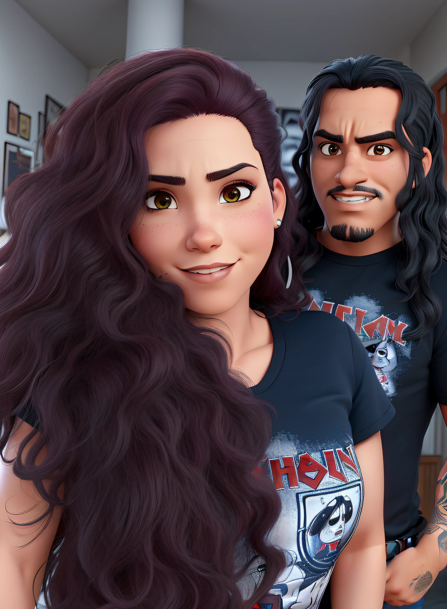 um bonito casal latino americano apaixnonado por heavy metal, a mulher tem cabelos vermelhos e o homem tem barba curta e usa camisa do iron maiden