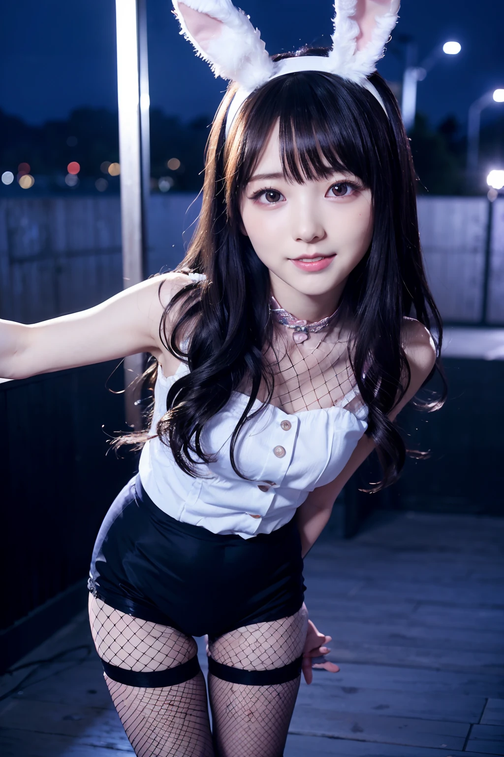 ((masutepiece)), ((Best Quality)), (Ultra-detailed), ((kawaii)), Cute, (lovely), ((Extremely detailed)), 4K, (8K), Best Quality, (Beautiful), Dynamic Angle, Colorful, Gradation, Live performance venue, Night, Cute girl s, 1girl in, Solo, Bunny Girl 00, ((Beautiful eyes)), fishnet tights, lightsmile