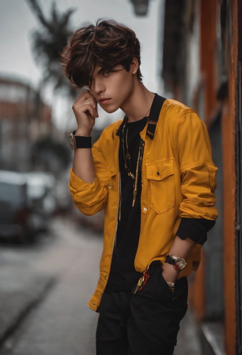 adolescente homem ruivo com o cabelo amarrado e olhos amarelos. Wearing a leather jakea and red oupa plus a pair of black pants and all star sneakers (versao anime)