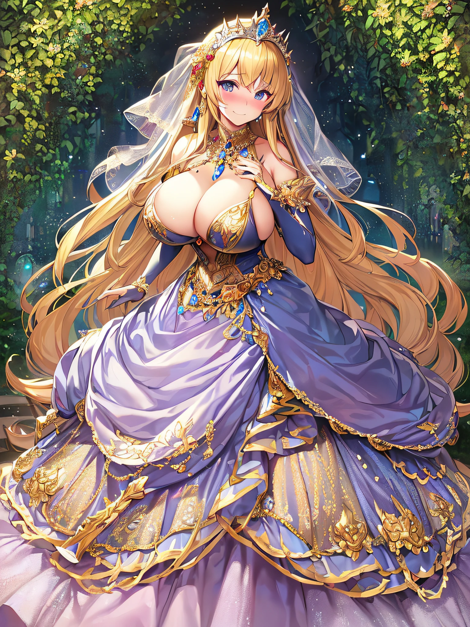 ((Anime Art Style)),(masutepiece),(Best Quality), (Super Detail),((Very delicate and beautiful)),((Full body portrait)),((Stand in the garden)),((Solo)),(((One princess in very gorgeous Cinderella ballgown))),Long Train,Gorgeous embroidery and jewelry,(((very very gigantic boobs,Skindentation))),((large amount of straight hair,extremely voluminous Hair,Very Long Straight Hair)),(finely detailed face and eyes),((Seductive smile,embarrassed)),(extremely gorgeousfull hair ornament,very gorgeous tiara adorned with bling-bling jewels),Glitter Gorgeous Gemstone Jewelry,Gorgeous Long Veil,(opera gloves),(Beautiful background),(Full body),((gorgeous Cinderella ballgown)),