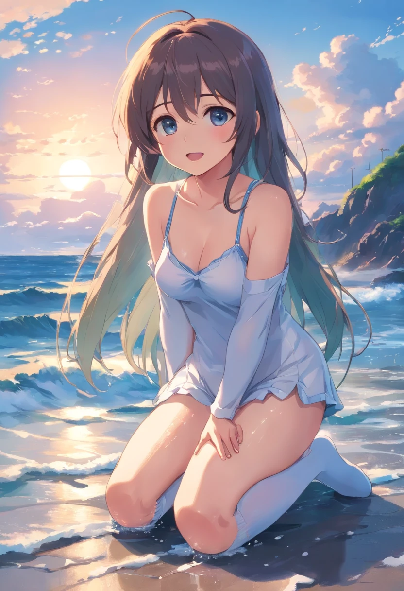 a cute loli，Long whit hair，Leaky shoulders，Barefoot，Look up at your head，Lie on the ground，raise her legs，See-through dresses，White underwear panties，largeeyes，Cute faces in anime，Lori，long white socks，Wet，Colossal tits，concatenation，Eyes are confused，Very wide open mouth，Leaky shade by the sea