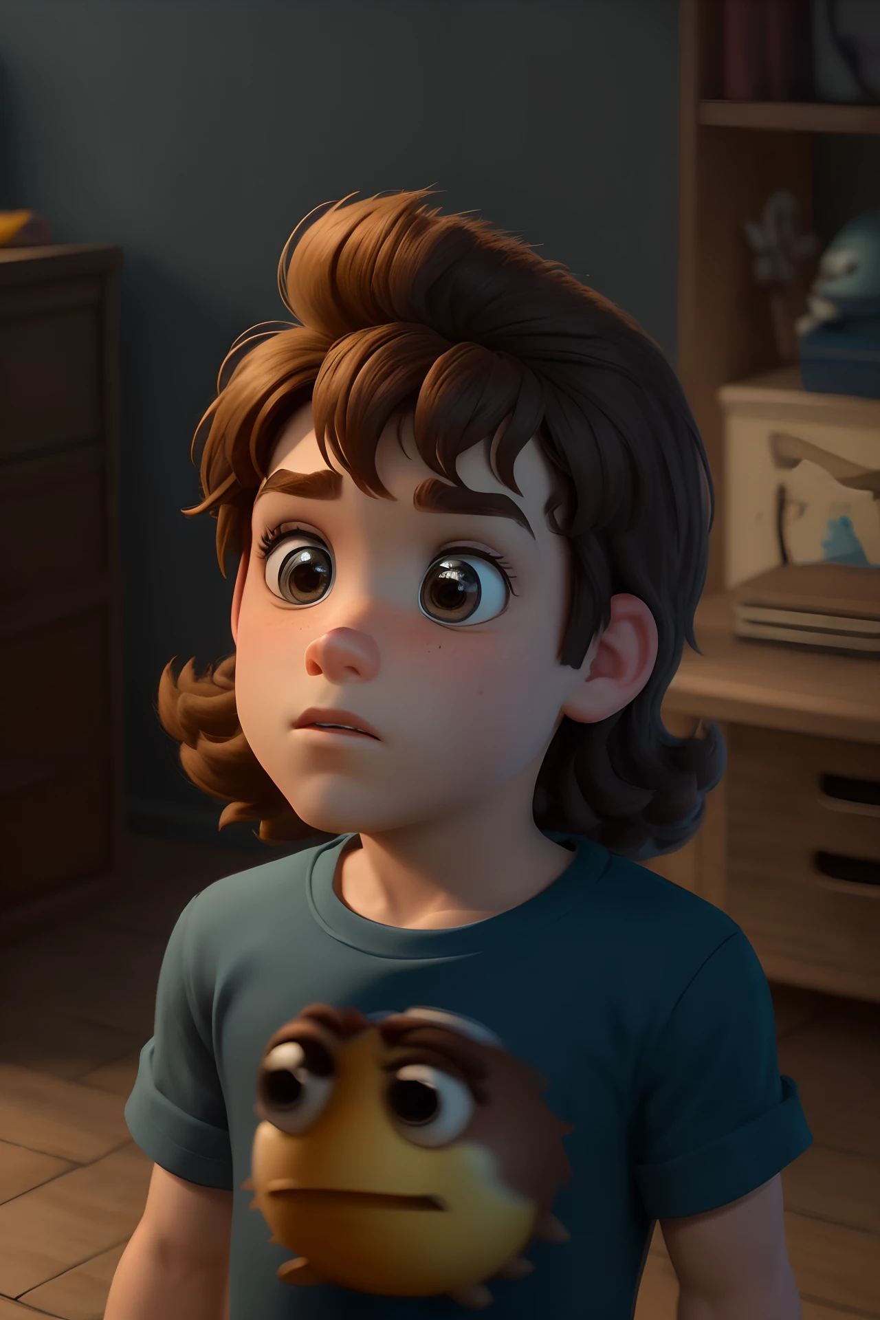 Criar uma imagem Pixar 3d de garoto de 11 anos com cabelo loiro com topete