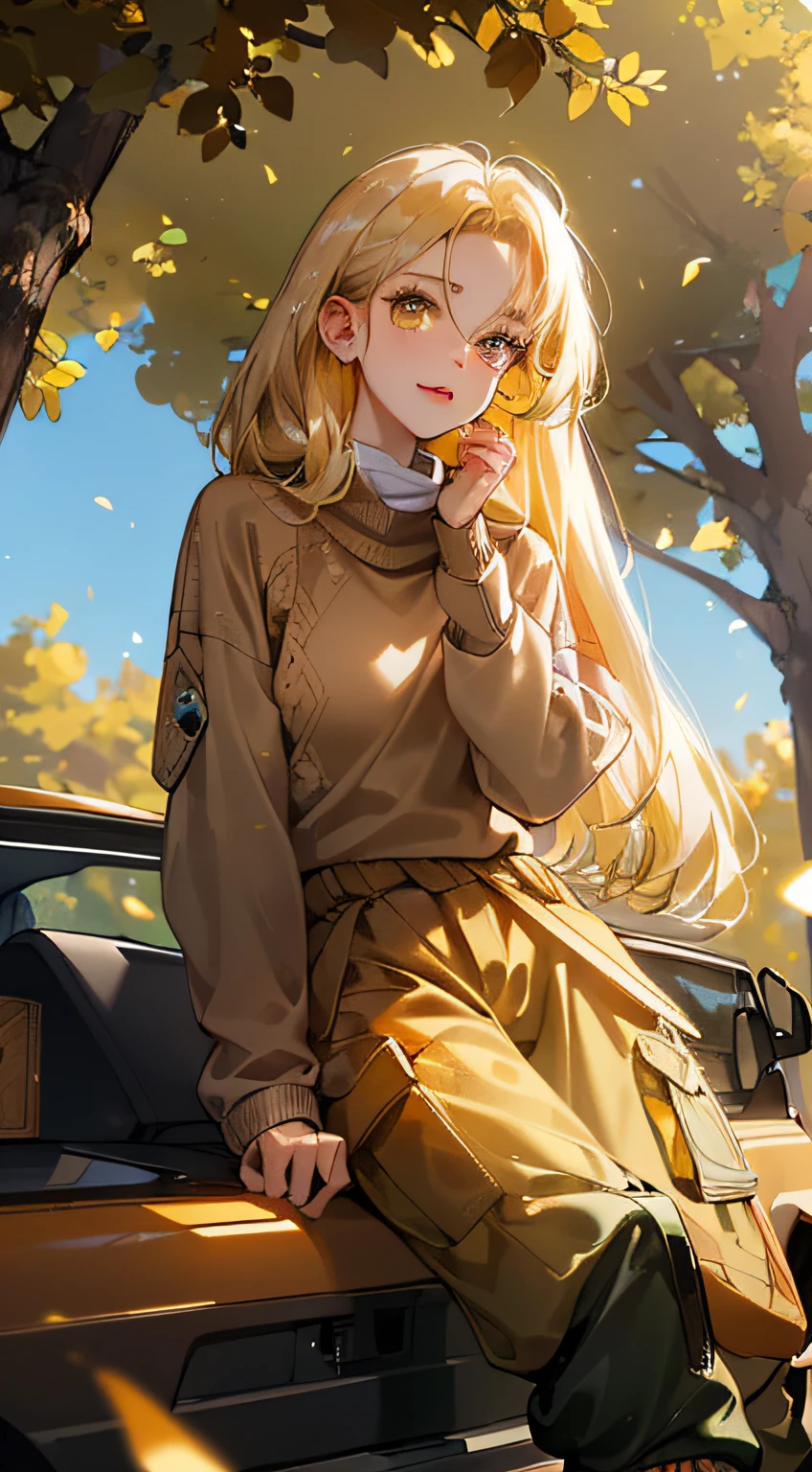 highres, ultra detailed, 1girl, solo, extremely detailed eyes, (Gold colored hair:1.5) ,long hair, (straight waist-length gold colored hair:1.5) ,(Anti-flash white-colored eyes:1.5) , ulzzang , she is wearing a (( Brown colored Sweater Overszie :1.5)) ,((Ochre colored Baggy Cargo Pants:1.5)) , she wearing a white colored sneaker , focusing on the face , ( park at morning background:1.5) ,(( crowd)) ,look at viewer ,focus emotion , excited emotion , cute pose , above vỉew , close up view , cowboy shot , relax emotion , joyful emotion , cute sitting under tree