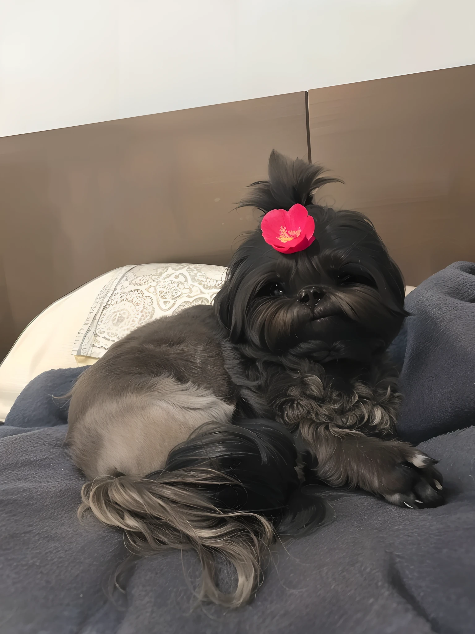There's a small dog lying on a bed with a flower in his hair, a red bow in her hair, sentada em sua cama, sentado na cama, sentado em uma cama, Shih Tzu, flor em seu cabelo, she is laying on her back, red bow in hair, ela tem cerca de 1 6 anos de idade, Tomada com Canon 8 0 D