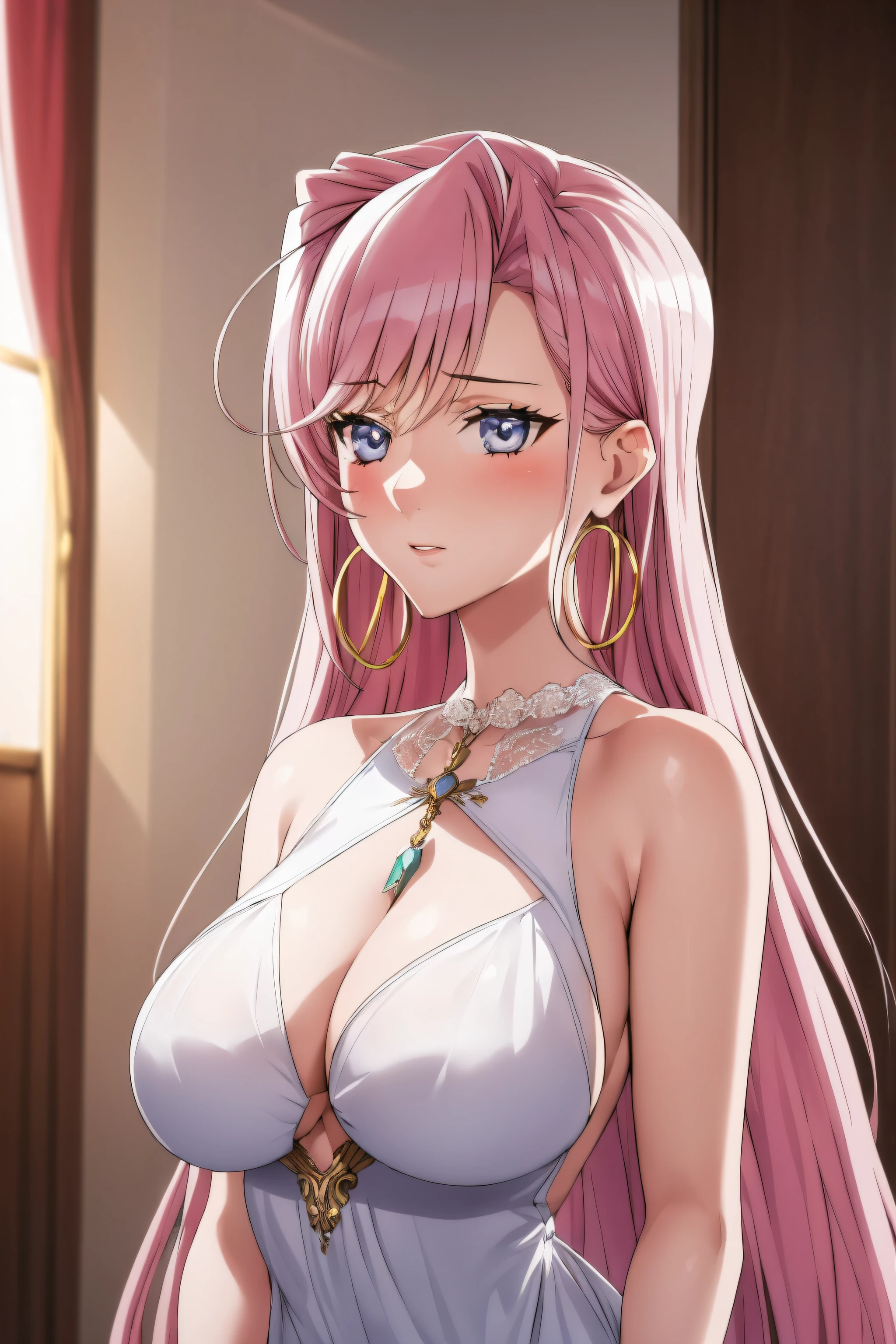 masterpiece, (best quality), 1woman,1girl ,charlotte_hazelrink,    pink hair,  long hair, very long hair,   blue eyes,purple eyes, white dress, dress, white gloves, jewelry, hoop earrings ,   large breasts,,sexy woman, embarrassed,blush,   bare shoulders, vibrant colors ,,natural lighting  ,RTX,  , beautiful, (detailed face:1.2), showcase, (perfect eyes:1.1) ,(photorealistic:1.1), 8k uhd,  looking at viewer, bedroom, indoors,(perfect hands, perfect anatomy),