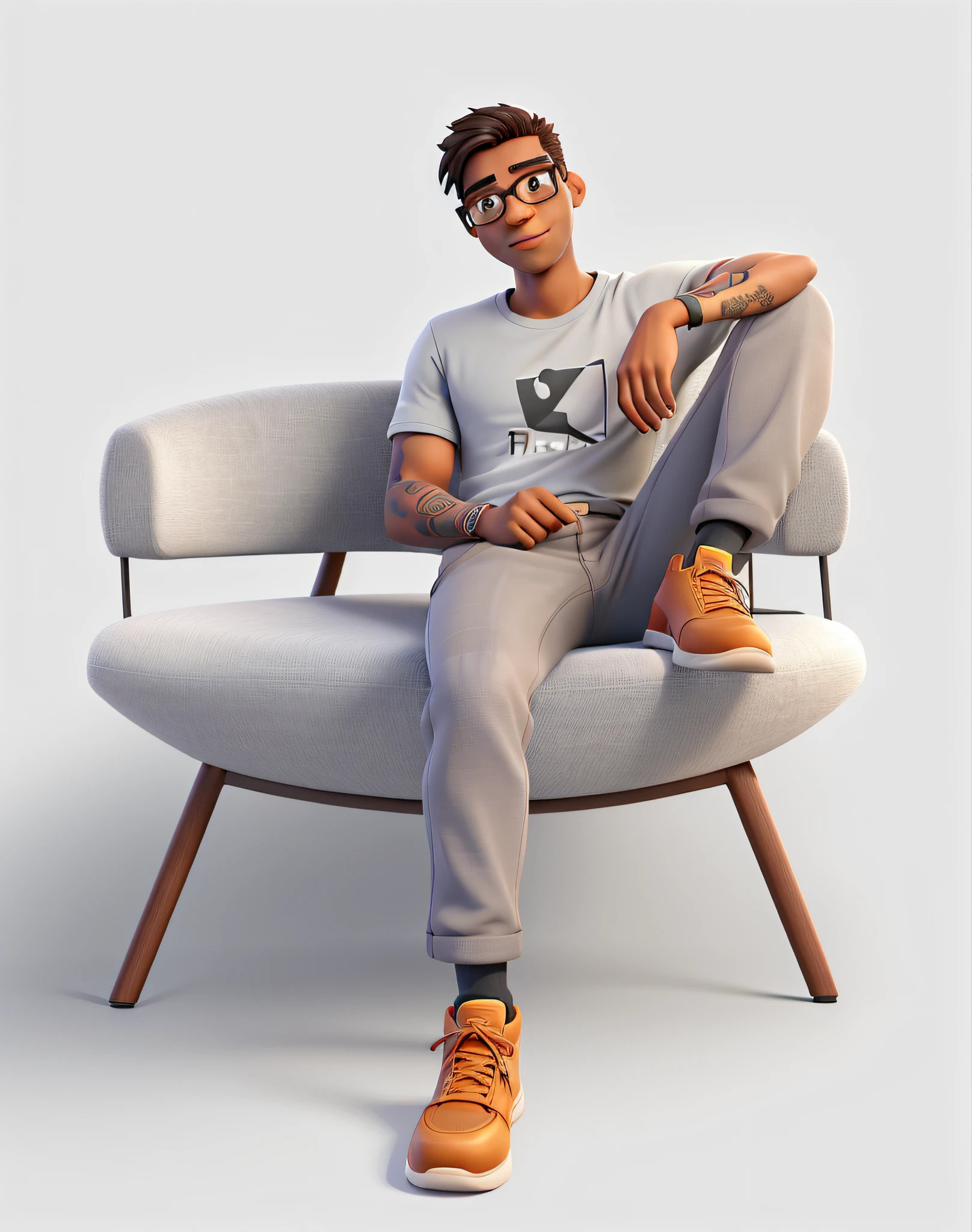 a man with dark skin and straight hair with square glasses, minimalist clothes and a tattoo on his arms and sitting in an armchair, disney pixar style, high quality, best quality