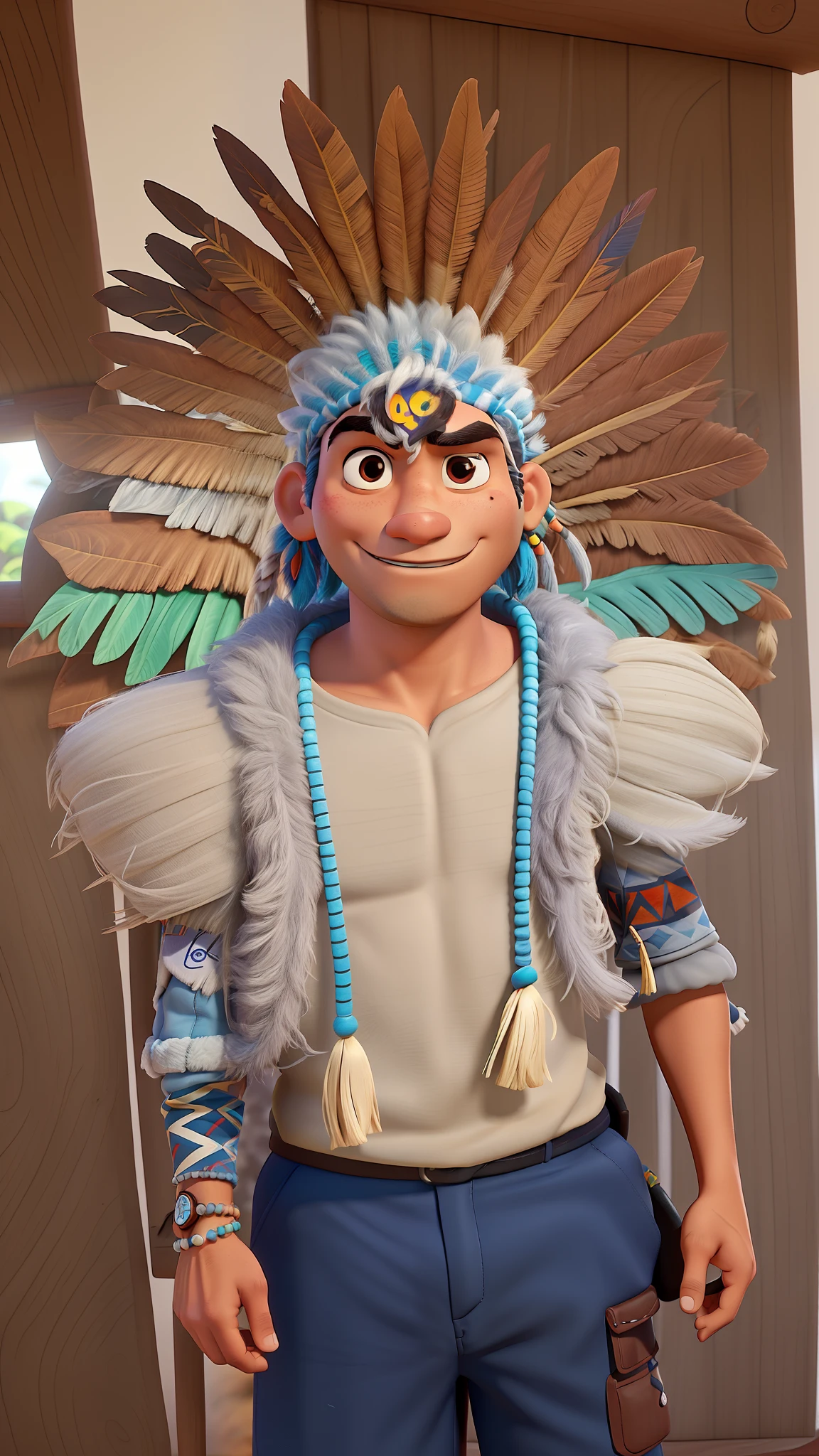 Faz um personagem da pixar com essa imagem, name: Heliton Kaxinawá, indigena