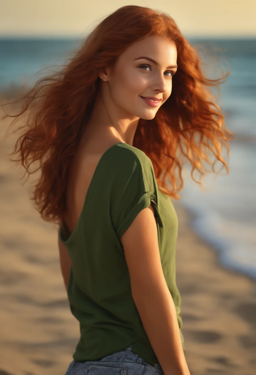 (High quality, Ultra-detailliert, fotorealistisch: 1.37), al fresco, A beautiful girl on the beach, Smileing, adorable smile, rotes Haar, green eyes, gekleidet in schwarze Shorts und ein durchsichtiges Hemd, ,Strand
