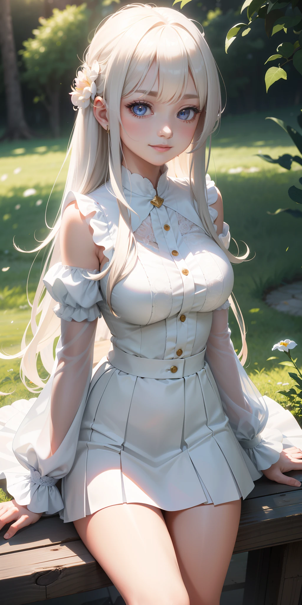 Medium and round breasts ((beautiful and cute sexy girl)), long white hair styled with long bangs, light effects on the eyes, detailed iris, detailed eyes, extremely sensual body, Button Front Flare Hem Skirts, floral print blouse with long sleeves, sensual neckline ((hyper detailed, 16k, hyper realistic, masterpiece, perfect lighting, superior image quality)) shy smile, she is introverted, embarrassed, sitting, in the field, her beauty is highlighted in nature, contrast light and shadow on the skin