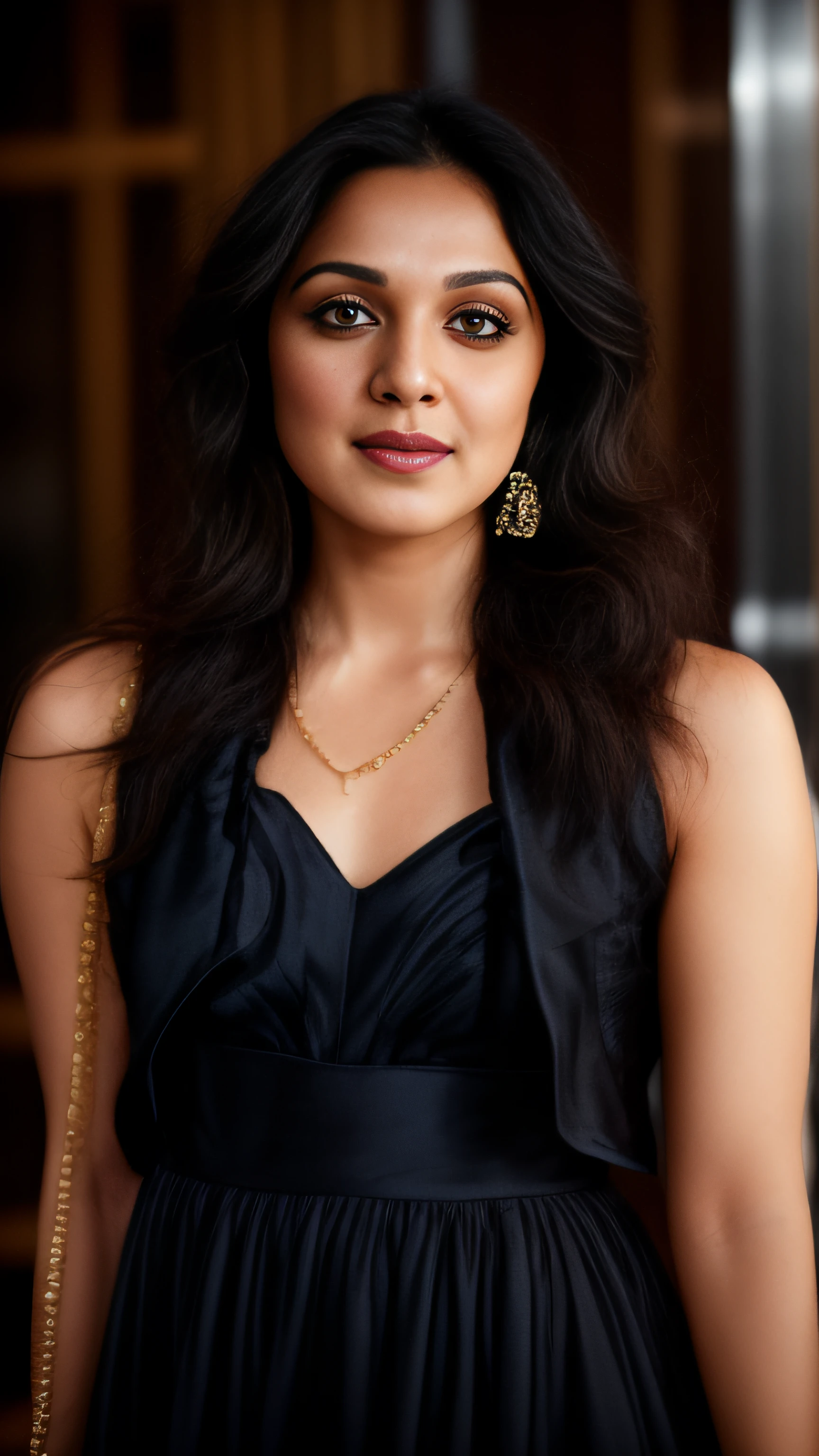 (editorial photograph of a young Indian woman), karla ortiz, (highly detailed face:1.4) (smile:0.7) (backround 5 star hotel , moody, private study:1.3) POV, by lee jeffries, nikon d850, film stock photograph ,4 kodak portra 400 ,camera f1.6 lens ,rich colors ,hyper realistic ,lifelike texture, dramatic lighting , cinestill 800, realistic, wearing Black dobby weave self design fit & flare dress Sweetheart neck Short, puff sleeve Tie-up detail on back Above knee length in flounce hem Attached Lining Chiffon fabric, actress, karla ortiz, posing!!, candid picture, by Max Dauthendey,