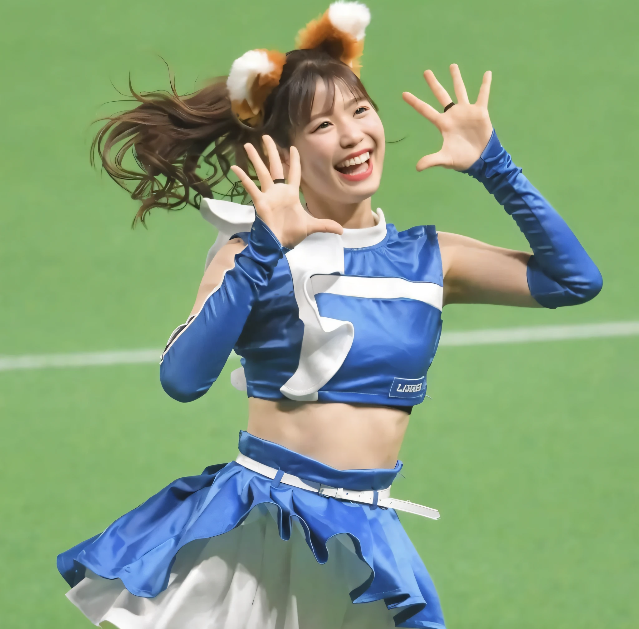 Arafe cheerleaders in blue and white uniforms throw the ball, chiho, fox nobushi, kawaii playful pose of a dancer, Shiori Teshirogi, mayuri shiina, japanese mascot, narumi kakinouchi, Rin, Takeyuki Kanda, harumi, aya takano color style, shinkai makoto, sayori