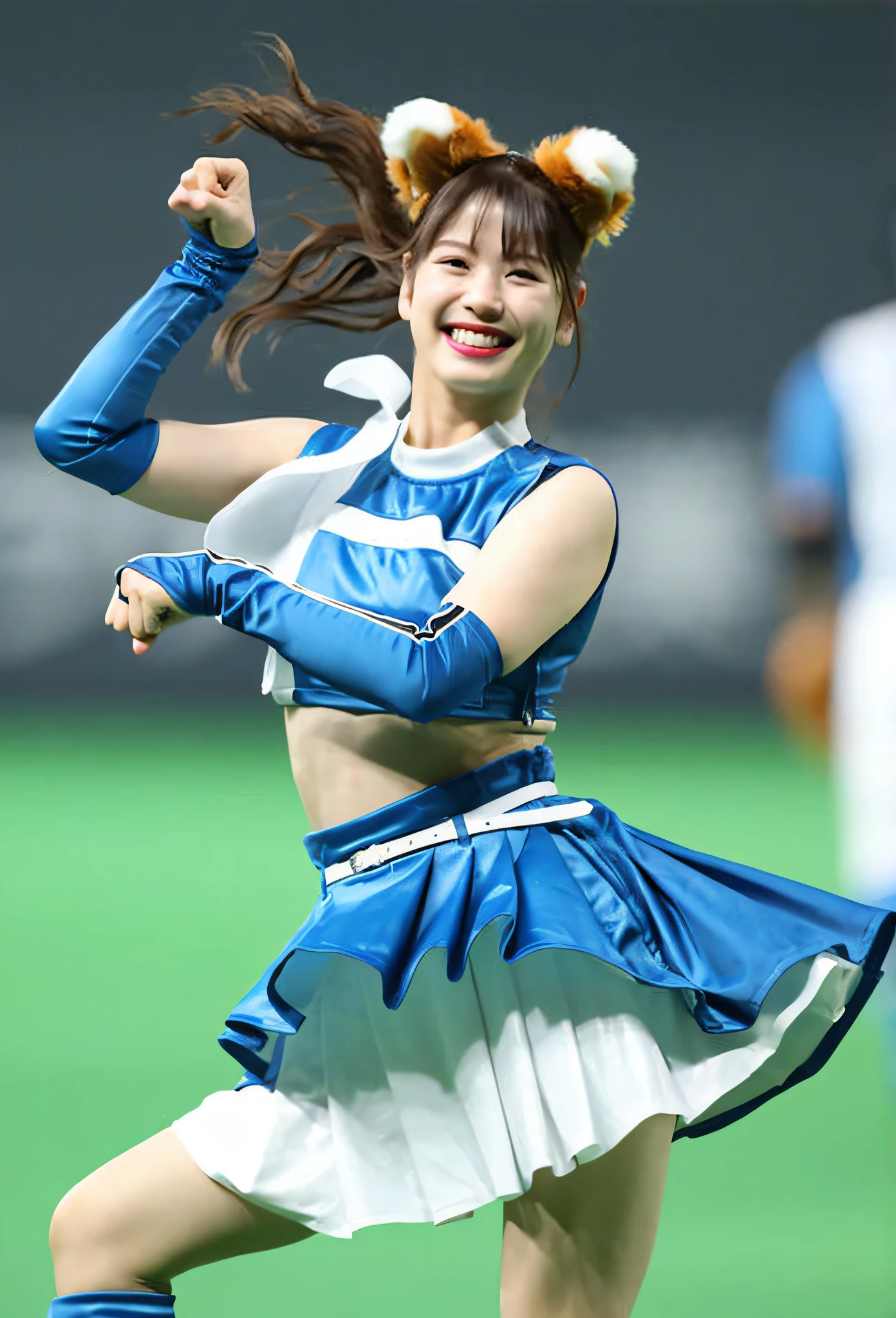 Arafe cheerleaders in blue and white uniforms dance on the field, mayuri shiina, kawaii playful pose of a dancer, Shiori Teshirogi, aya takano color style, chiho, Chiho Ashima, tsubasa nakai's style, narumi kakinouchi, magic uniform, fox nobushi, Mai Yoneyama