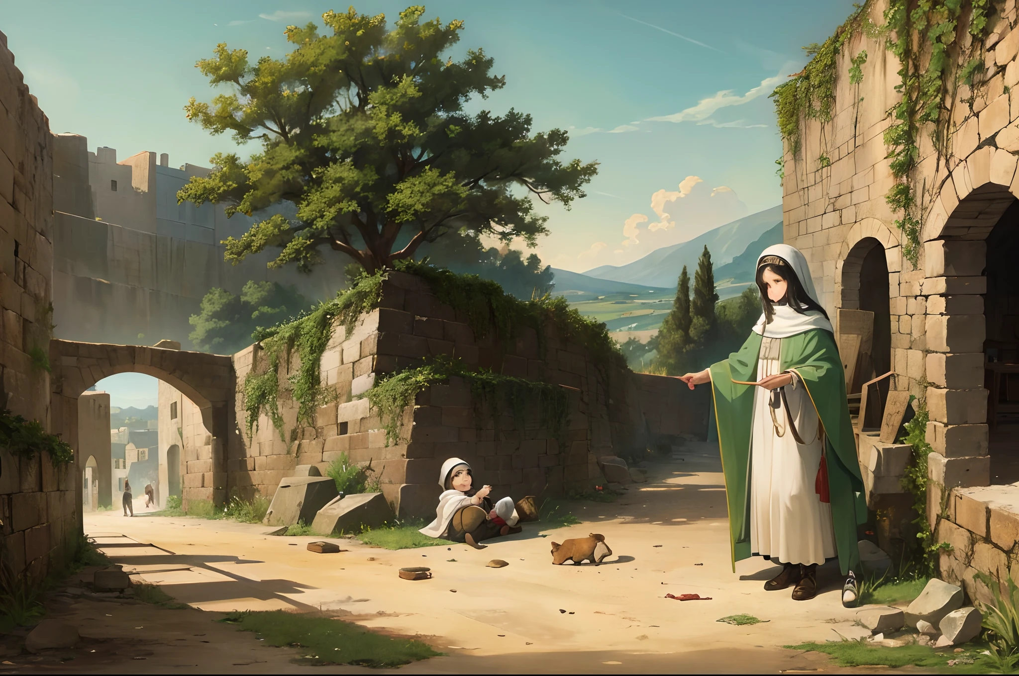 Suggestive image of a scene from ancient Bethlehem, With a baby in a manged
