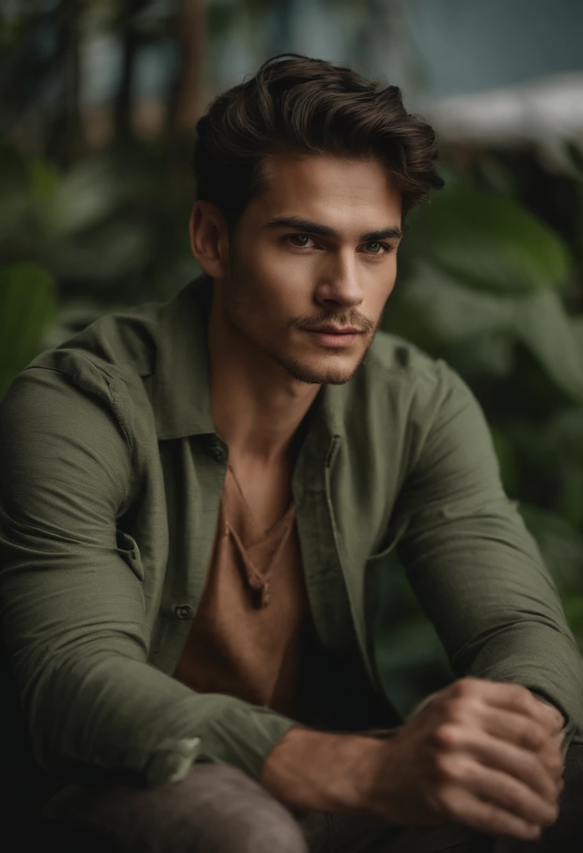 Um casal de jovens, garota ruiva com olhos verdes, homem negro com olhos escuros vestindo uma roupa preta. Apaixonados.