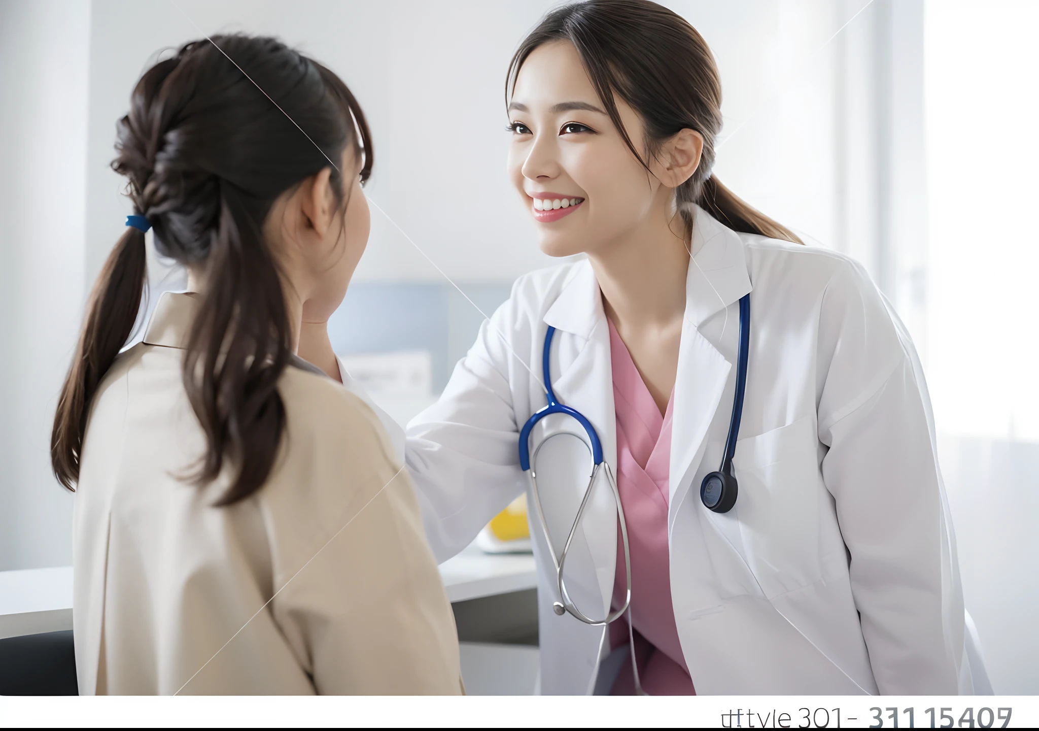 8K,high-level image quality、portlate、reality、Female Doctors、(1 female)、25 years old women、hospitals、(Manteau blanc)、Sit on a chair、Examination room、(stethoscope)、Patient examination、White Ultra Mini Skirt、curlyhair、ssmile