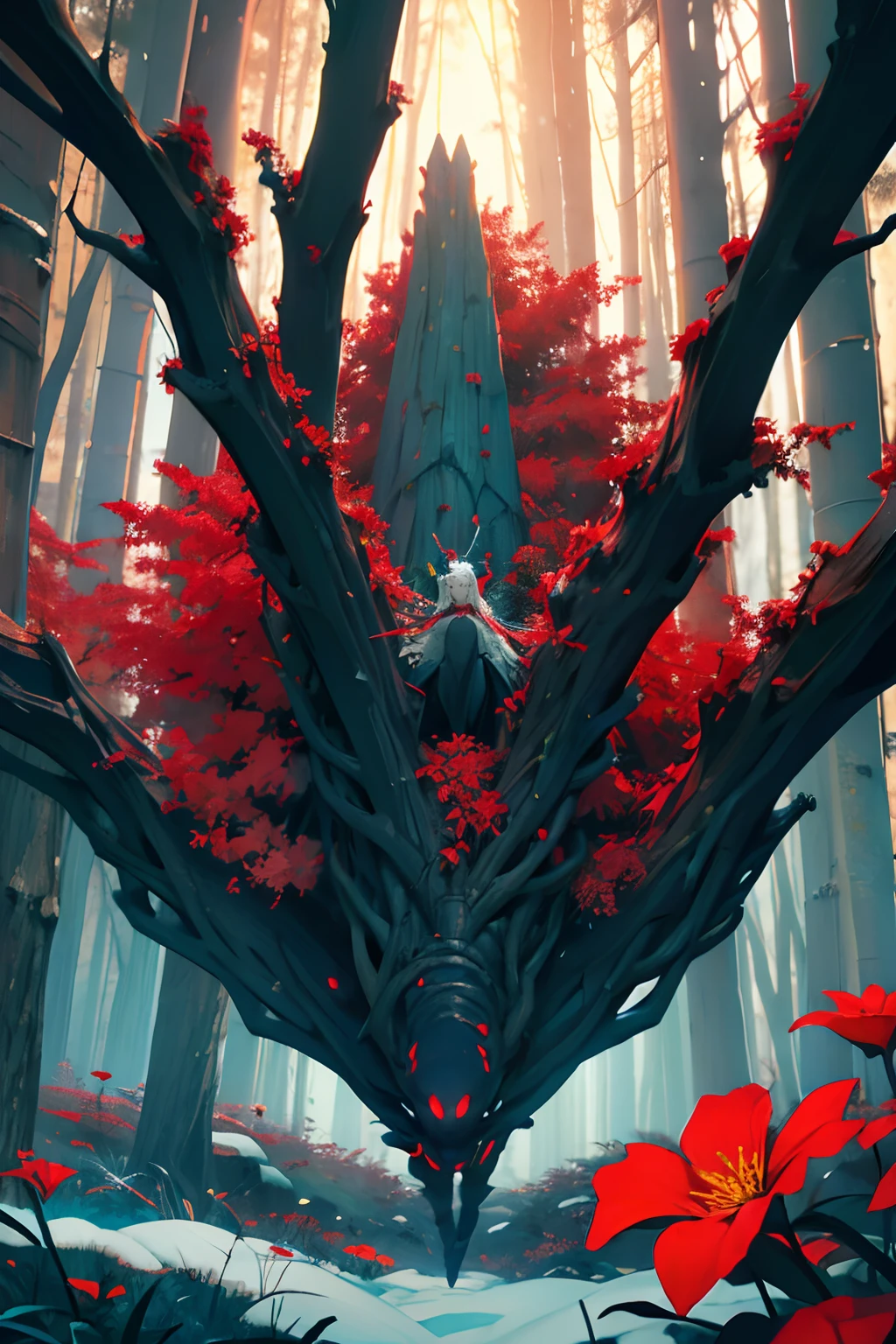 Slavic folklore evil creature with long arms, floating above the ground. In a dark pine forest, winter, red flowers