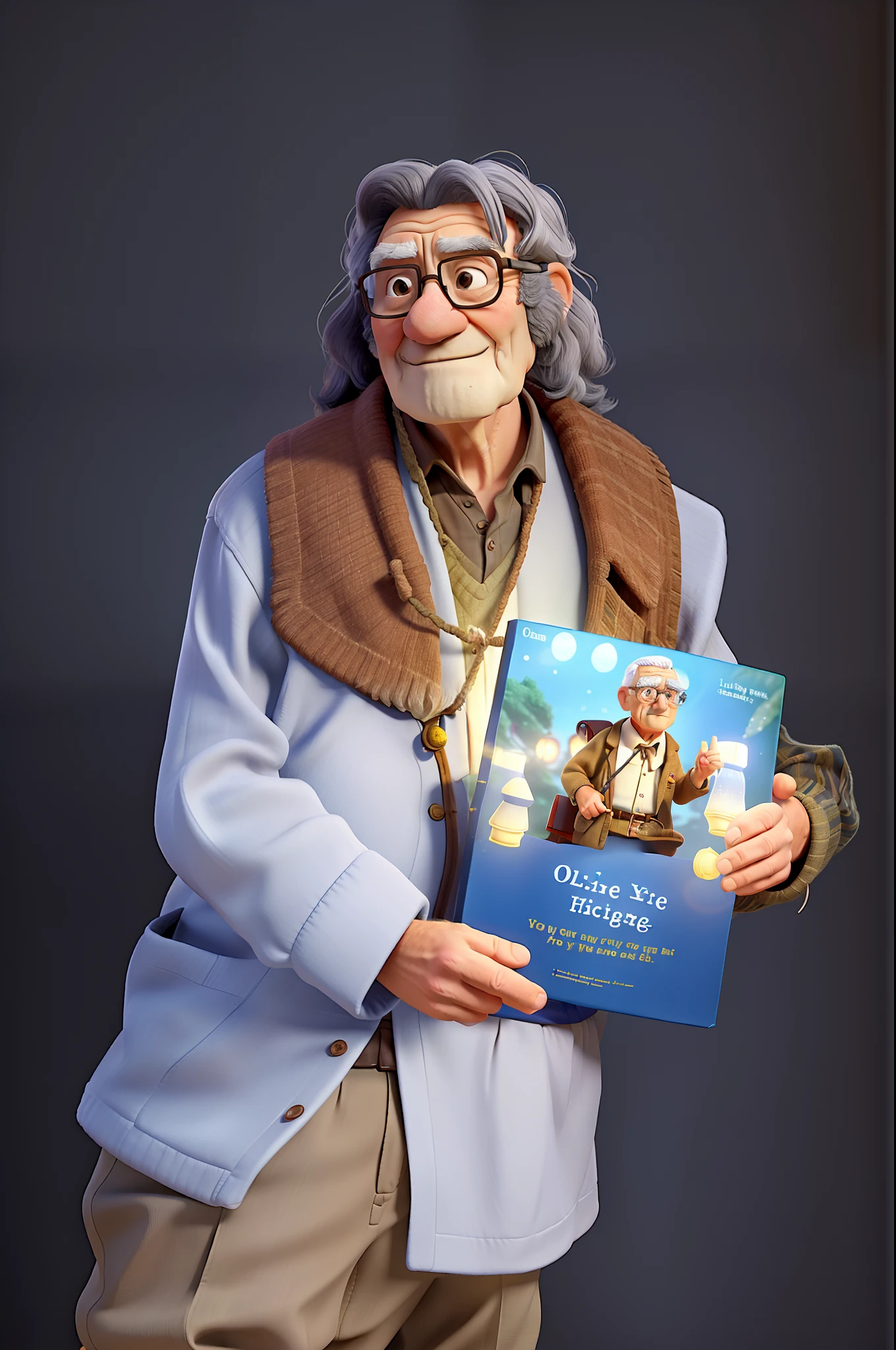 A wise old man standing in front, illuminated by the light of a lamp, against the backdrop of a library