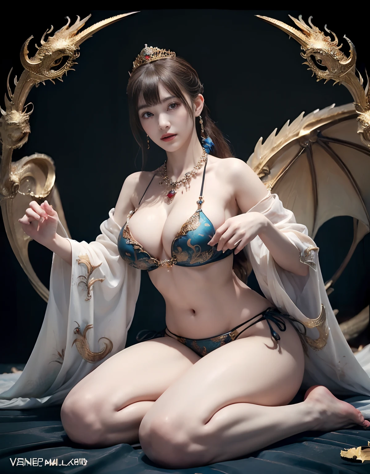 (Fight fiercely with dragons)、top-quality、masterpiece、超A high resolution、(White Dragon Armor)、(((Colossal tits))),(((Variety of hairstyles))、(((Take different poses))),(Wearing a beautiful crown made of jewels),(Photorealsitic:1.4)、Raw photo、1人、Golden hair、glowy skin、(((Japan Dragon)))、(((maikurobikini))),(Gorgeous Jewelry Necklaces)、(Mystical expression)、(Full Body Angle)、(Fight big dragons)、A dark-haired、poneyTail、With a beautiful knife、(Detailed Blue Metal Bikini)、(Detailed and beautiful flower garden)、Precipitous cliffs、(Castle background)、((super realistic details))、portlate、globalillumination、(sexypose)、Shadow、octan render、(Random hair)、8K、ultrasharp、Colossal tits、Raw skin is exposed in cleavage、metals、Details of complex ornaments、Japan details、highly intricate detail、Realistic light、CGSoation Trends、Blue eyes、radiant eyes、Facing the camera、Precipitous cliffs、Toostock、(Full Body Angle)、(veils)、(((Heavy Big))),