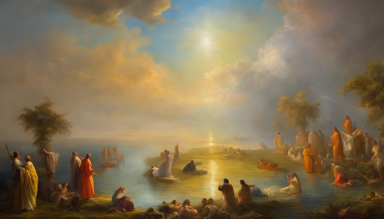 O Arrebatamento ,Thousands of people are floating in the air,Standing on the clouds, Thousands of people are dressed in white, Raise your hands and sing hymns to praise God. The scenes are magnificent and surreal. (best quality, 4k, 8k, alta resolução, master part:1.2), ultra-detalhado, (realisitic, fotorrealista, Realista:1.37), Retrato de um, vivid colors, studio lit, foco nítido, physics based rendering, extreme detail description, Bible Topics, Grande ambiente, luz radiante.