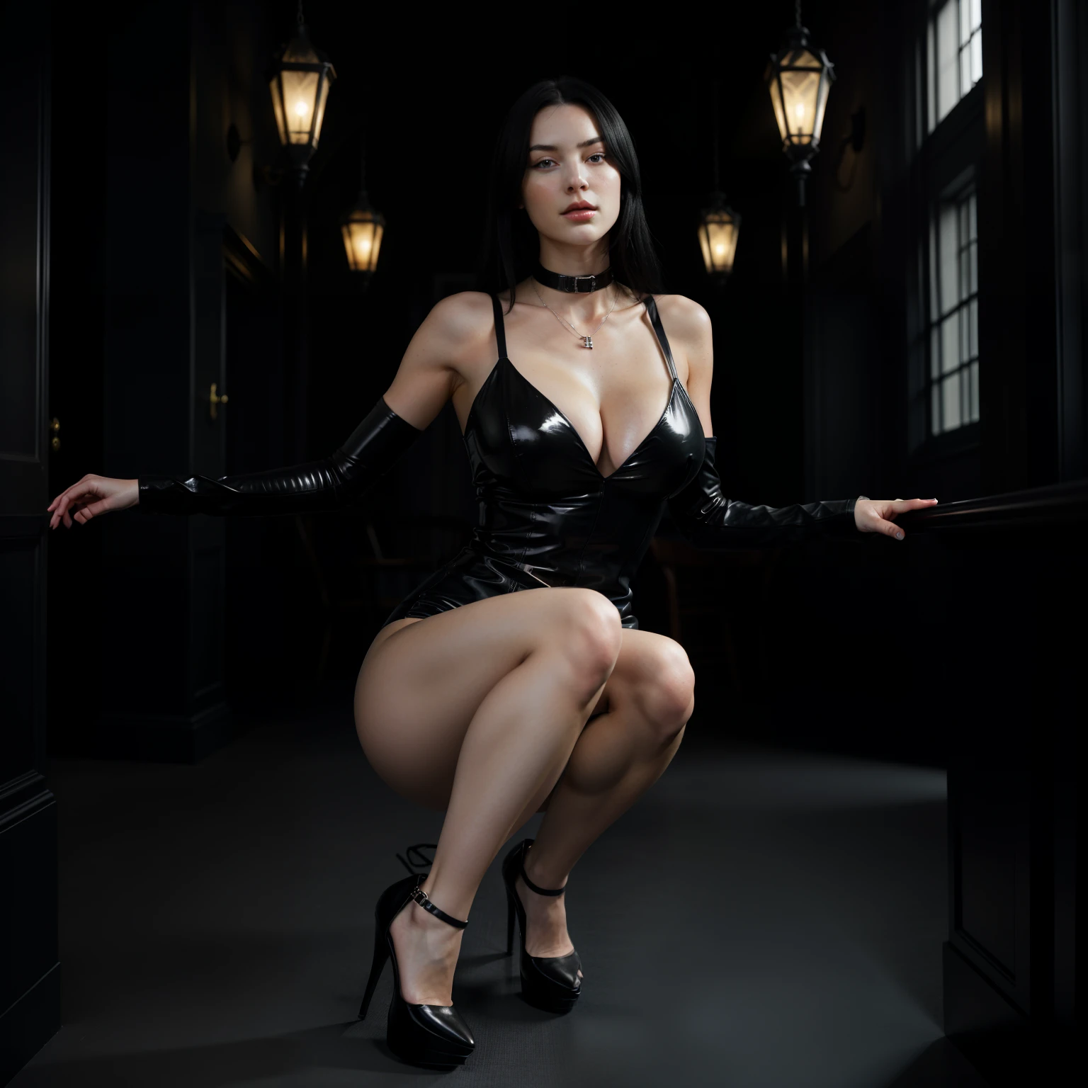 Btflindngds, Describe a very beautiful girl named Helen with black hair, slender legs, and wearing high heels, big lips, beatiful sexy, gorgeous actress, european, photograph by artgerm and (greg rutkowski:0.3), (cinematic:0.4) lighting, big natural breasts, breast cleavage, dark Mansion , skinny body, jewellery, chokers, very hot girl, bimbo Black Cat girl
