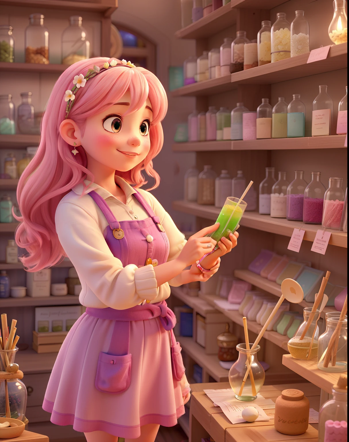A vibrant scene depicting a Latin woman with striking pink hair, wearing a flowing dress, seemingly trapped inside a clear glass bottle filled with golden oil. The woman's expression is joyful, with a wide, radiant smile on her face, despite her unusual confinement. Her pink hair contrasts beautifully with the rich, golden hues of the oil surrounding her. The bottle itself is large, and the oil inside has a slightly glossy sheen, giving the entire image a surreal, magical atmosphere. The background is blurred, keeping the focus on the woman and the bottle