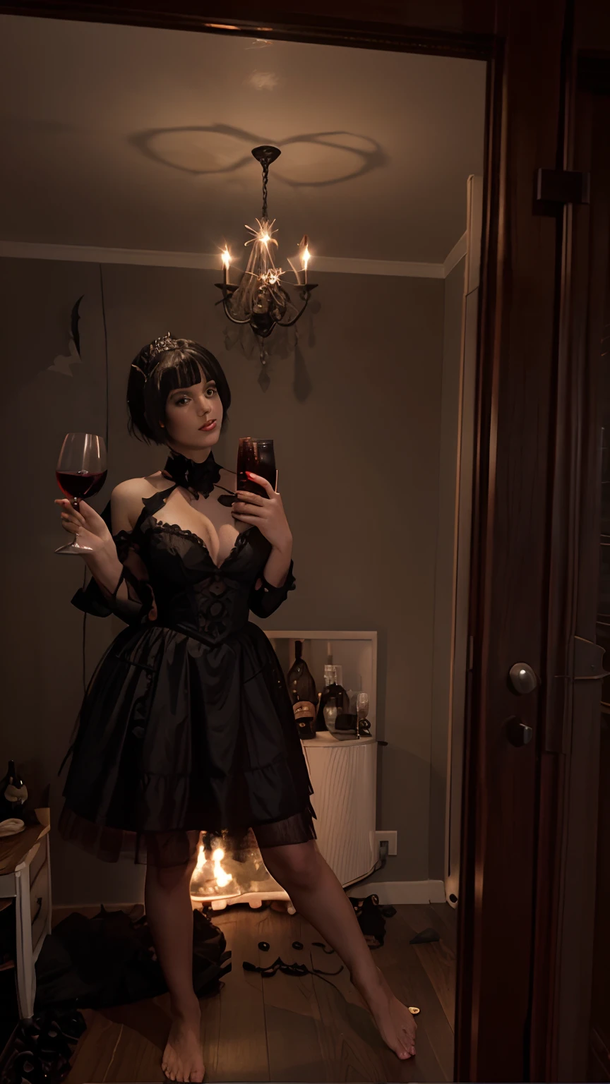 Woman selfie , black goth dress , wine glass, short black hair, Halloween background, barefoot, white underwear, vampire queen