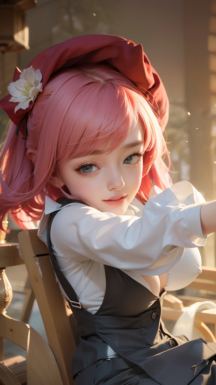 best quality,4k,8k,highres,masterpiece:1.2,ultra-detailed,photorealistic:1.37,landscape,portraits,professional,sharp focus,vivid colors,HDR,physically-based rendering,bokeh,studio lighting,extreme detail description,realistic digital painting,Northern Lights,snow-capped mountains,crystal clear lake,swaying pine trees,serene atmosphere,majestic beauty,sunlight pouring through clouds,subtle color transitions,delicate brushstrokes,dramatic depth of field,peaceful solitude,harmonious color palette,ethereal glow,meticulous attention to detail,audience captivated,breathtaking scenery,impeccable level of realism,awe-inspiring landscape,serenity depicted in every stroke,(large D  and exsposed cleavage: 1.6), smile,red lips,bright yellow eyes,