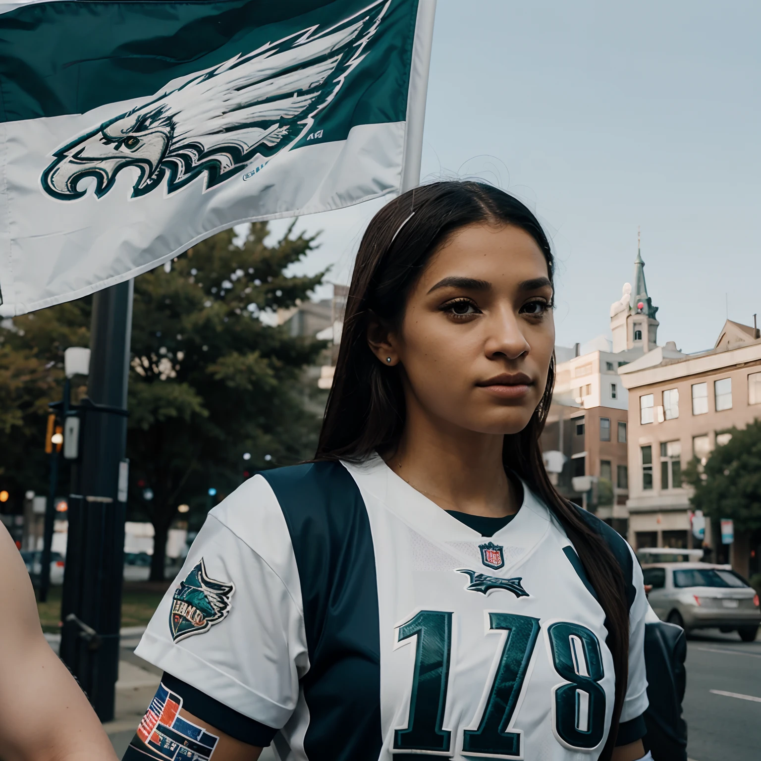 AOC wearing an aj brown jersey holding a Philadelphia eagles logo flag tatto