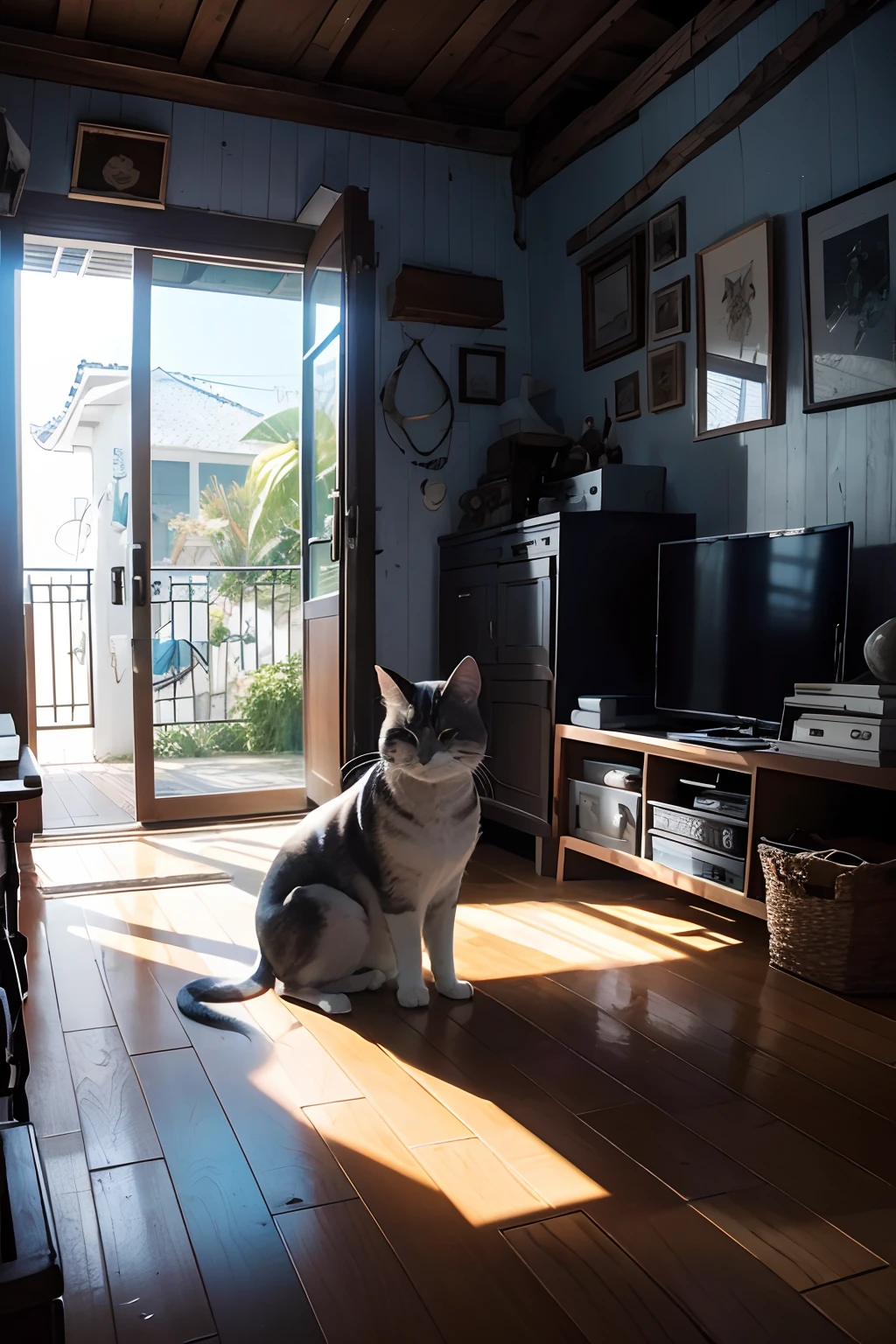 Uma casa mal-assombrada ganha vida, suas janelas brilhando com olhos de gato e sombras misteriosas. --auto