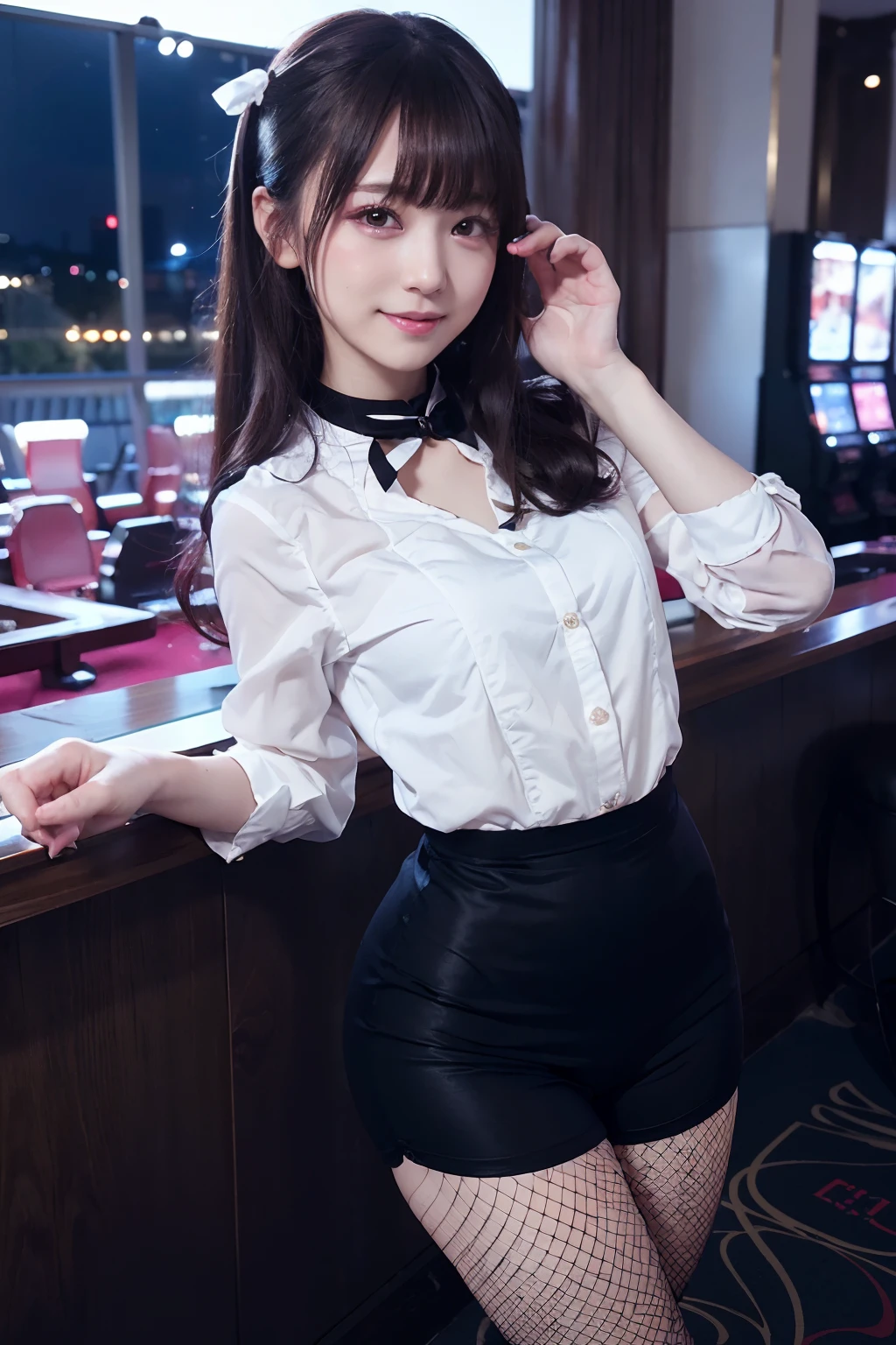 ((masutepiece)), ((Best Quality)), (Ultra-detailed), ((kawaii)), Cute, (lovely), ((Extremely detailed)), 4K, (8K), Best Quality, (Beautiful), Dynamic Angle, Colorful, Gradation, casino, Night, Cute girl s, 1girl in, Solo, Bunny Girl 00, ((Beautiful eyes)), fishnet tights, lightsmile