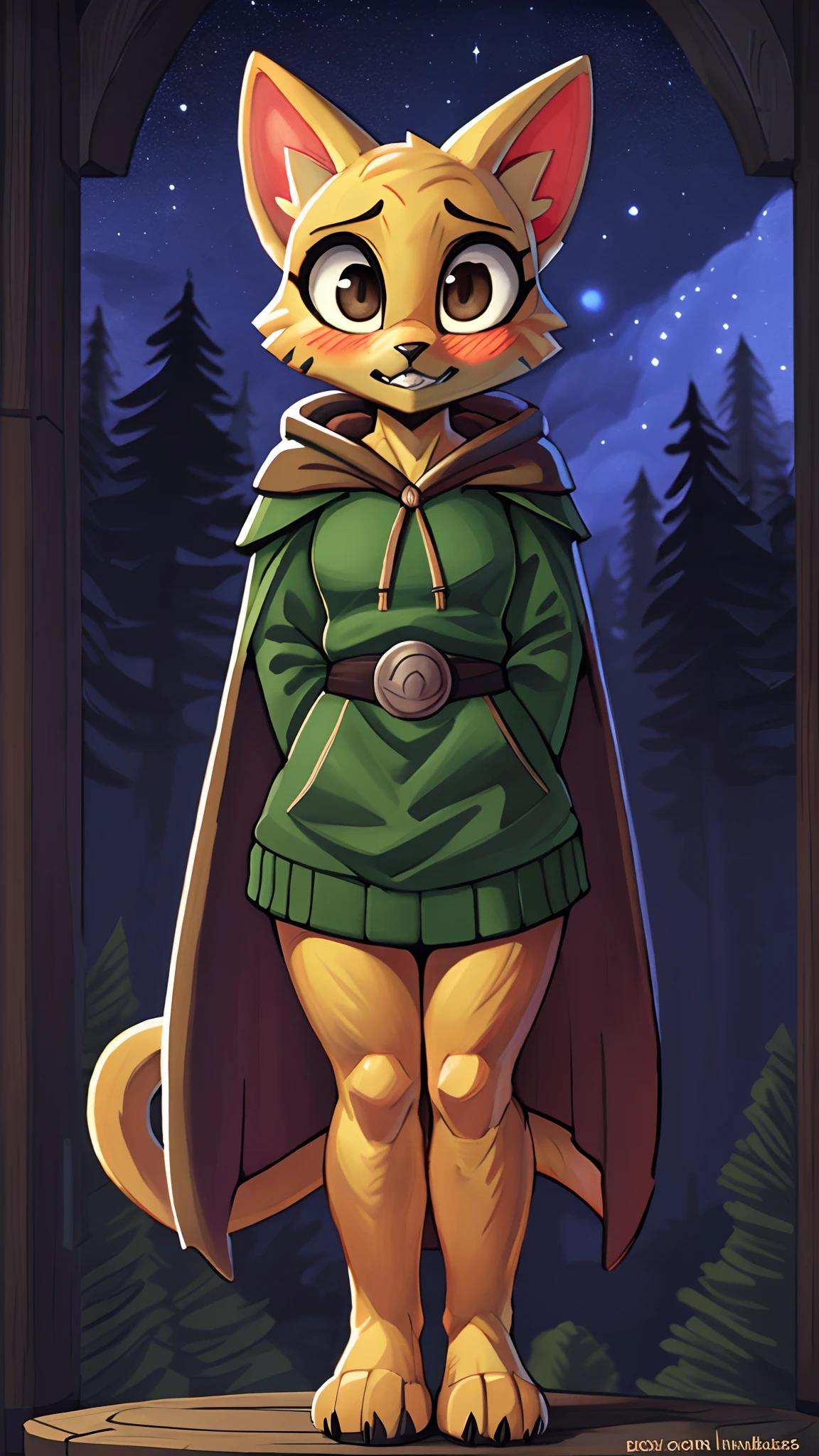 [katia managan], [Uploaded to e621.net; (Pixelsketcher), (wamudraws)], [(Uploaded to twitter.com); (@senip)], ((masterpiece)), ((HD)), ((solo portrait)), ((full body)), ((front view)), ((furry; anthro)), ((detailed fur)), ((detailed shading)), ((beautiful render art)), {anthro; (slim figure), yellow fur, black nose, (long yellow cat tail), (cute dark brown eyes), (blushing), (surprised), (cute nervous grin)}, {(green long sleeve hooded tunic), (brown hood), (short brown cape), (beautiful feet), (black claws)}, {(standing), (arms behind back), (pigeon-toed), (looking at viewer)}, [background; (woods), (spruce trees), (starry sky), (ambient lighting)}