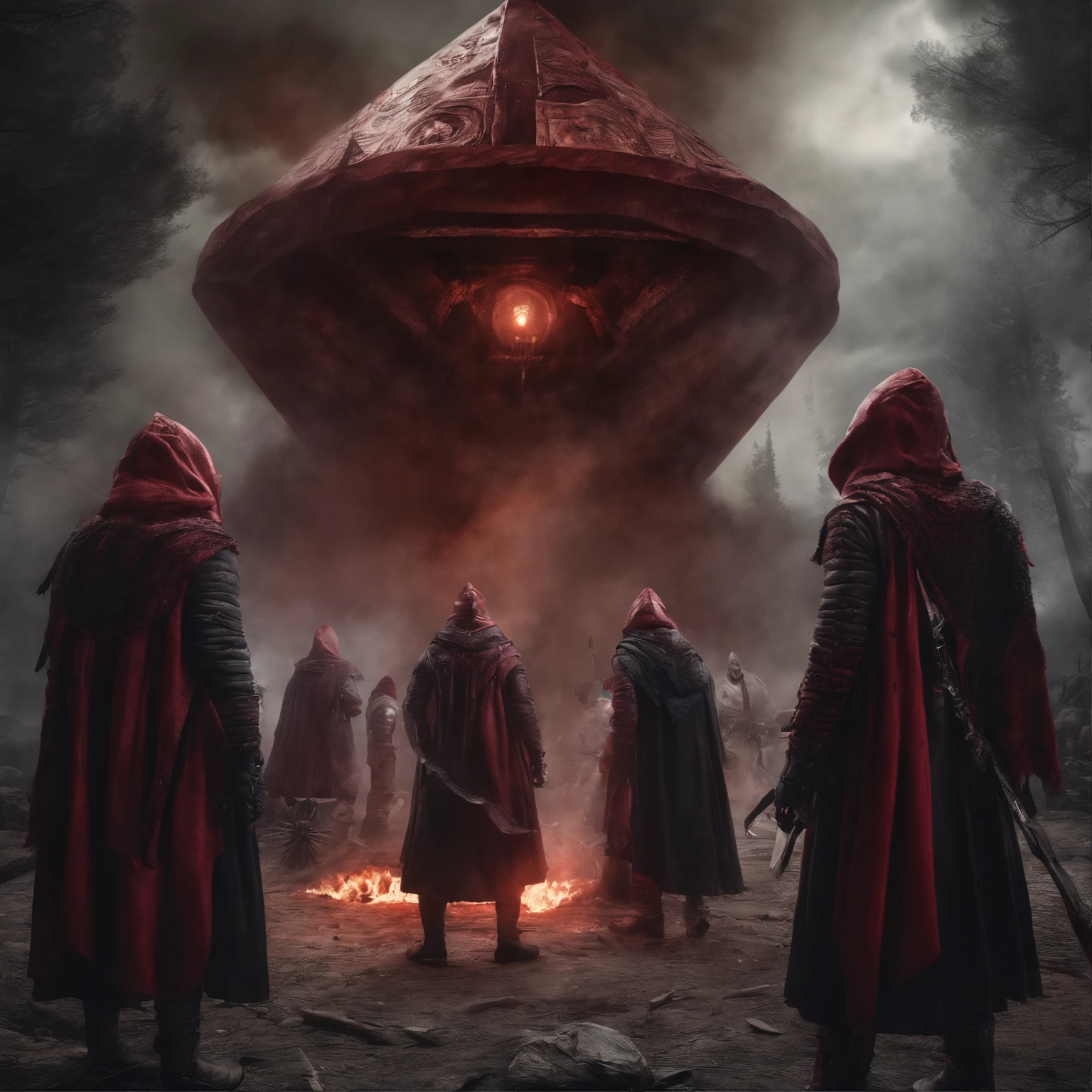 several men dressed in red and black hoods and tonics, in the Ku Klux Klan style, in the background a pyramid with an eye in the middle, a sinister being above the pyramid, cinematic image, with half light, 4k, shadow, smoke and fire, sharp and well-defined details.