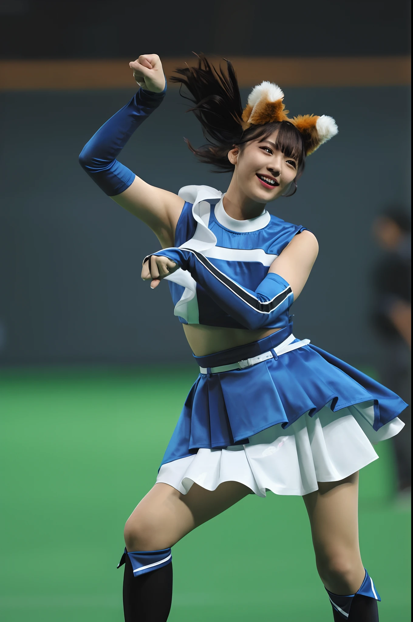 A woman in cheerleader clothes is playing tennis, fox nobushi, kawaii playful pose of a dancer, mayuri shiina, Anime Cosplay, sakimichan, foxgirl, Takeyuki Kanda, Aya Takano, chiho, Anime girl cosplay, Makoto, Ayaka Cosplay, shinkai makoto, sha xi, ahri