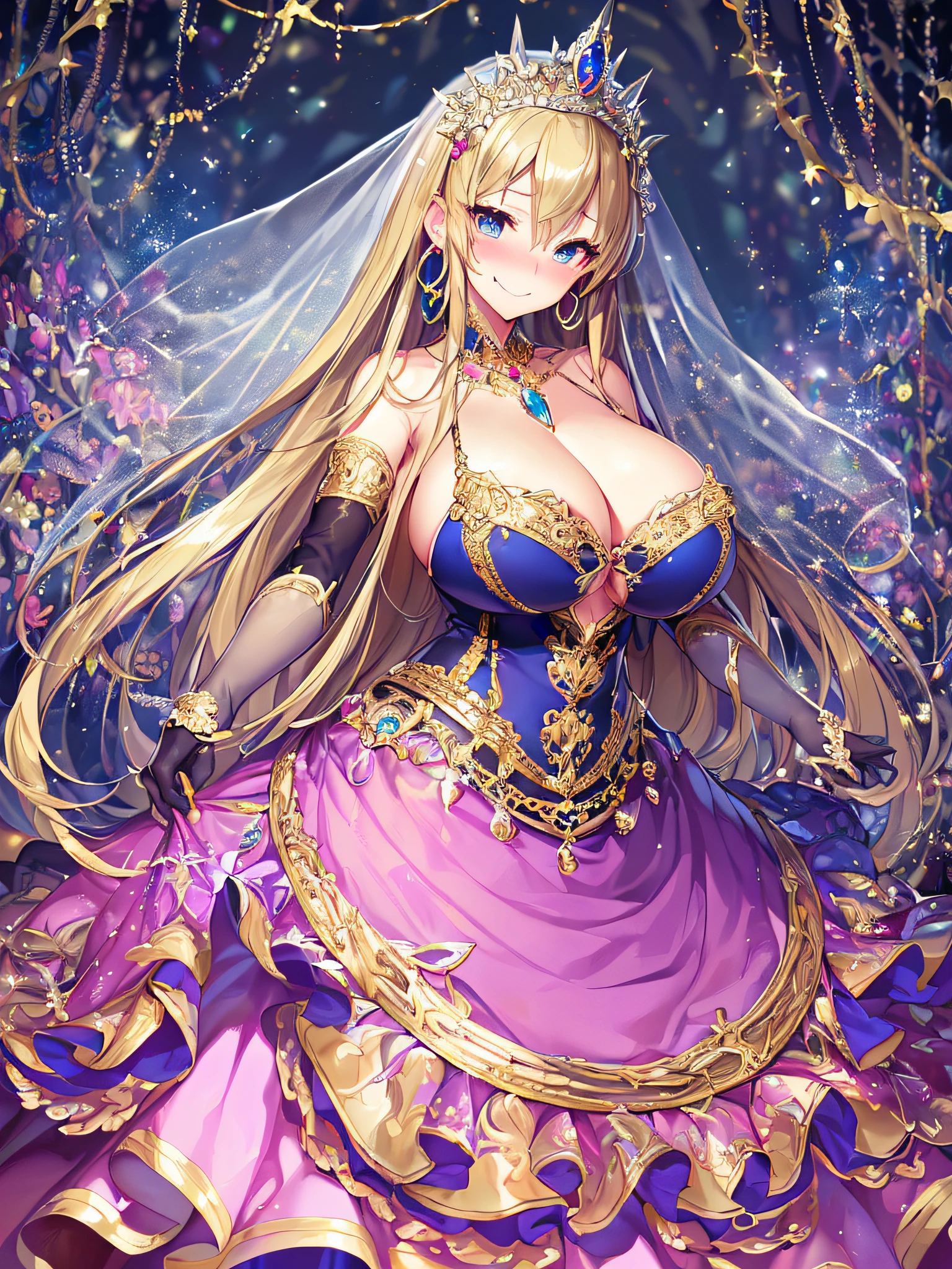 ((Anime Art Style)),(masutepiece),(Best Quality), (Super Detail),((Very delicate and beautiful)),((Full body portrait)),((Stand in the garden)),((Solo)),(((One princess in very gorgeous Cinderella ballgown with voluminous full length hoop skirt))),Long Train,Gorgeous embroidery and jewelry,(((very very gigantic boobs,Skindentation))),((large amount of straight hair,extremely voluminous Hair,Very Long Straight Hair)),(finely detailed face and eyes),((Seductive smile,embarrassed)),(extremely gorgeousfull hair ornament,very gorgeous tiara adorned with bling-bling jewels),Glitter Gorgeous Gemstone Jewelry,Gorgeous Long Veil,(opera gloves),(Beautiful background),(Full body),((gorgeous Cinderella ballgown with voluminous full length hoop skirt)),