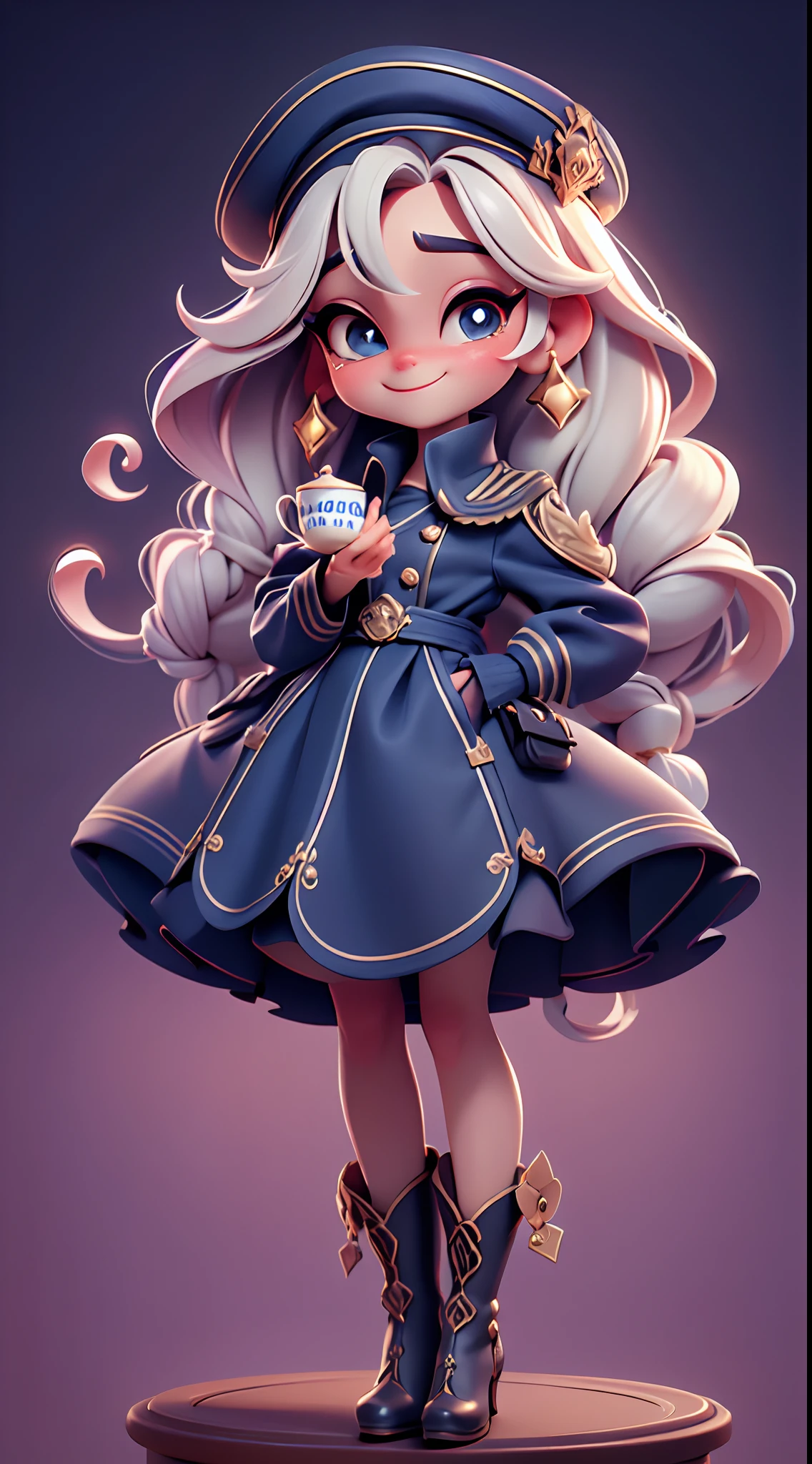 ((( Alice Captain UHD ))) Com uma linda cartola lindo cartola de chapeleiro louco babados+fitilhos+detalhista em tons , Deve ficar charmoso e bonito, Keep the iconic elements of the original character. Chibi Disney Hatters should have a round face with large dimensions, olhos claros, long eyelashes and rosy cheeks. Seu cabelo deve ser em tons chocolate grande . Elegante terno e cartola: Dress up Chibi in a luxurious and elegant crazy hat suit with gold English embroidery accents . She wears a navy blue turtleneck coat with braided gold lapels (similar to what a ship captain would wear) The character's attire is a military coat with white linen trimmed in dark blue. Para esse momento, um uniforme da Marinha. ter babados, renda & Detalhes feitos , A reference to the Captain Alice theme . Add loops or ribbons, Para dar um toque de delicadeza. avental & Arco : Meias e sapatos de boneca luxuosa : Complete o look chibi com meias listradas ou detalhes divertidos. standingn, Coloque botas bonitos, com gravatas ou fivelas douradas . Magic Accessories: Add charming accessories to the chibi .Certifique-se de adicionar sombras, texturas e detalhes nos cabelos, chapeleiro Chibi , pirulitos Ternos & Accessories, to make it even more charming and charming. Give him a smiling expression and a smile on his face, Capturing the essence of the character in a subtle way, delicate hands,( Tea table scenery, paisagem surrealista profunda, Alice Themed Captain ) UHD16k