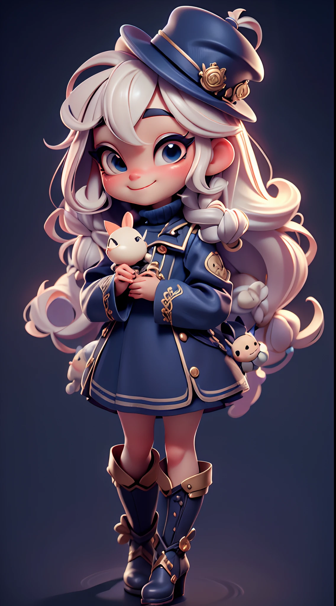 ((( Alice Captain UHD ))) Com uma linda cartola lindo cartola de chapeleiro louco babados+fitilhos+detalhista em tons , Deve ficar charmoso e bonito, Keep the iconic elements of the original character. Chibi Disney Hatters should have a round face with large dimensions, olhos claros, long eyelashes and rosy cheeks. Seu cabelo deve ser em tons chocolate grande . Elegante terno e cartola: Dress up Chibi in a luxurious and elegant crazy hat suit with gold English embroidery accents . She wears a navy blue turtleneck coat with braided gold lapels (similar to what a ship captain would wear) The character's attire is a military coat with white linen trimmed in dark blue. Para esse momento, um uniforme da Marinha. ter babados, renda & Detalhes feitos  , A reference to the Captain Alice theme . Add loops or ribbons, Para dar um toque de delicadeza. avental & Arco : Meias e sapatos de boneca luxuosa : Complete o look chibi com meias listradas  ou detalhes divertidos. standingn, Coloque botas bonitos, com gravatas ou fivelas douradas . Magic Accessories: Add charming accessories to the chibi .Certifique-se de adicionar sombras, texturas e detalhes nos cabelos, chapeleiro Chibi , pirulitos Ternos & Accessories, to make it even more charming and charming. Give him a smiling expression and a smile on his face, Capturing the essence of the character in a subtle way, delicate hands,( Tea table scenery, paisagem surrealista profunda, Alice Captain themed ) UHD16k