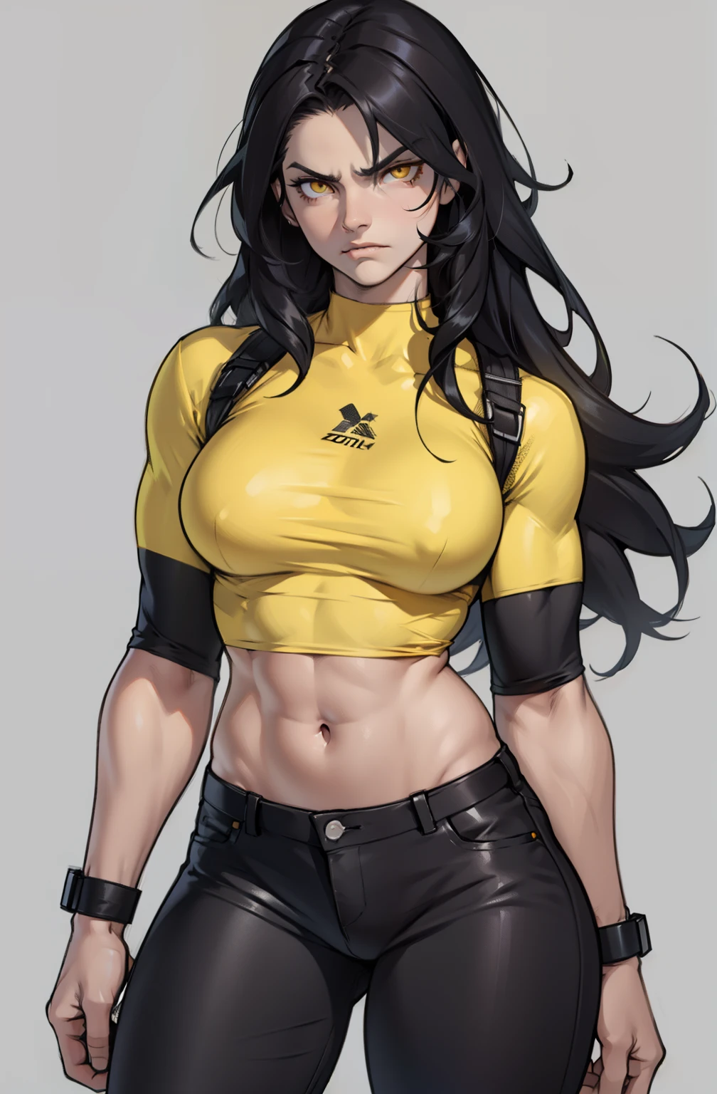 navel 1 girl pale skin ((muscular)) perky tits toned body thick thighs black hair very long hair yellow eyes angry tight shirt  tight pants grey background