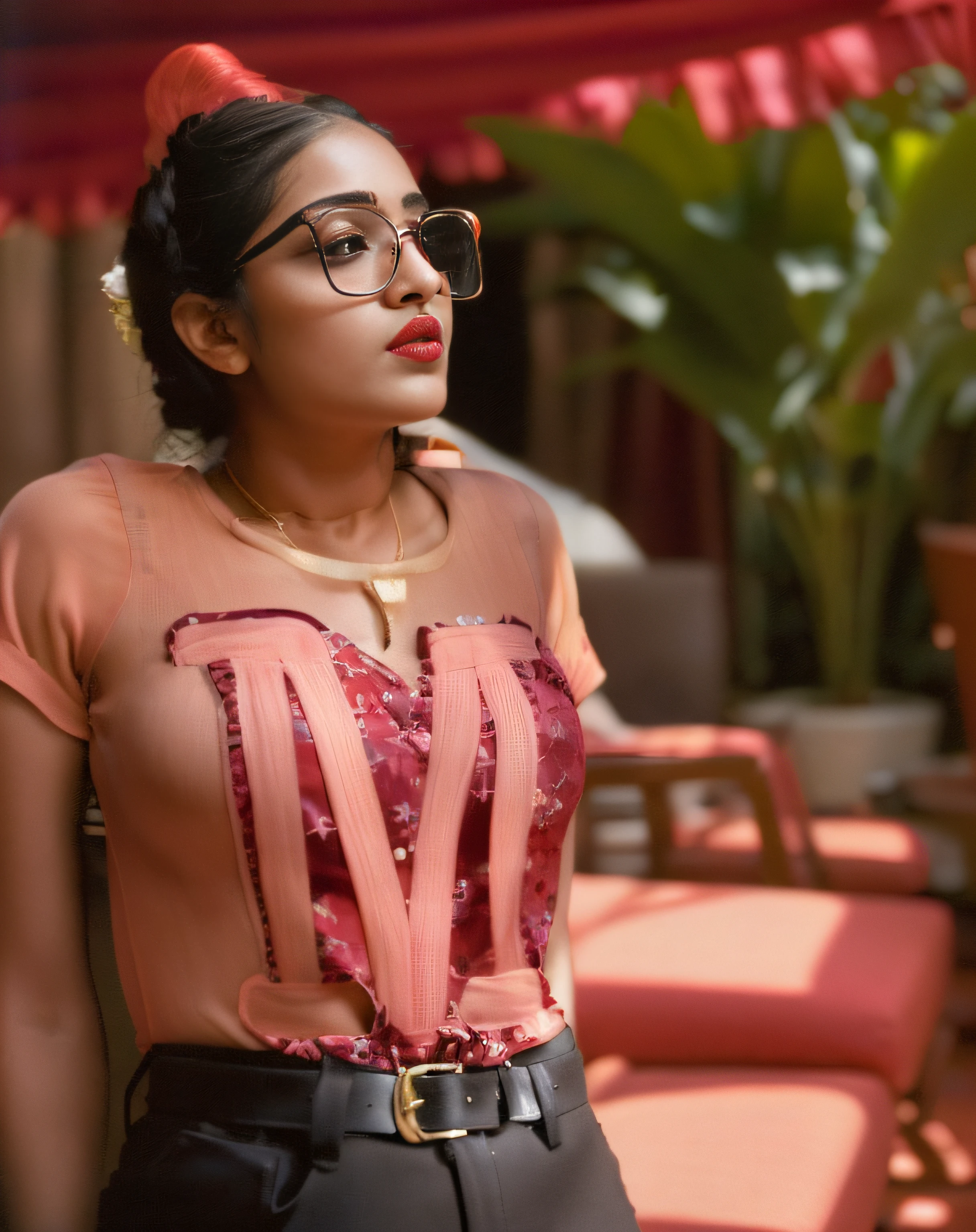 (editorial photograph of a young Indian woman with big breast), karla ortiz, (highly detailed face:1.4) (smile:0.7) (backround 5 star hotel ,moody, private study:1.3) POV, by lee jeffries, nikon d850, film stock photograph ,4 kodak portra 400 ,camera f1.6 lens ,rich colors ,hyper realistic ,lifelike texture, dramatic lighting , cinestill 800, realistic, wearing Black dobby weave self design fit & flare dress Sweetheart neck Short, puff sleeve Tie-up detail on back Above knee length in flounce hem Attached Lining Chiffon fabric,(big natural pink-red lips),actress, karla ortiz, posing!!, candid picture, by Max Dauthendey,