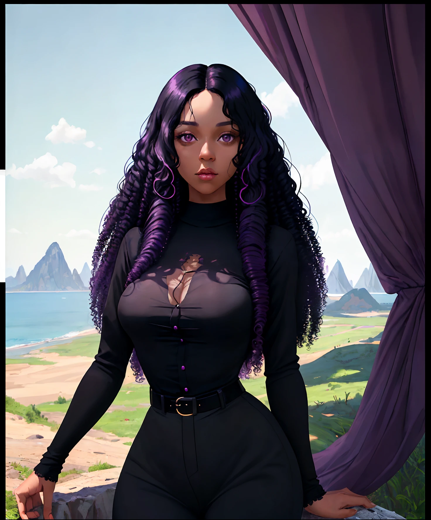 A young woman with long black hair and purple shirt, a black woman with curly hair, perfectly centered portrait Surrealism, 8k, super detail, landscape