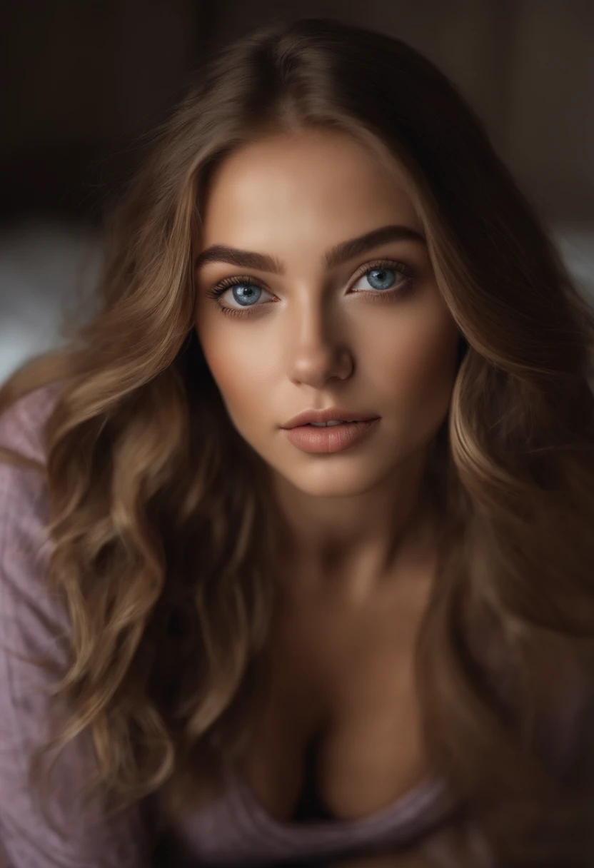 Arafed woman completely , fille sexy aux yeux bleus, ultra realist, Meticulously detailed, Portrait Sophie Mudd, cheveux blonds et grands yeux, selfie of a young woman, Yeux de chambre, Violet Myers, sans maquillage, maquillage naturel, looking straight at camera, Visage avec Artgram, Maquillage subtil, Great photo of the whole body kneeling on the bed, dans la chambre, Medium to large bust; ; ;nu, legs spread, sein