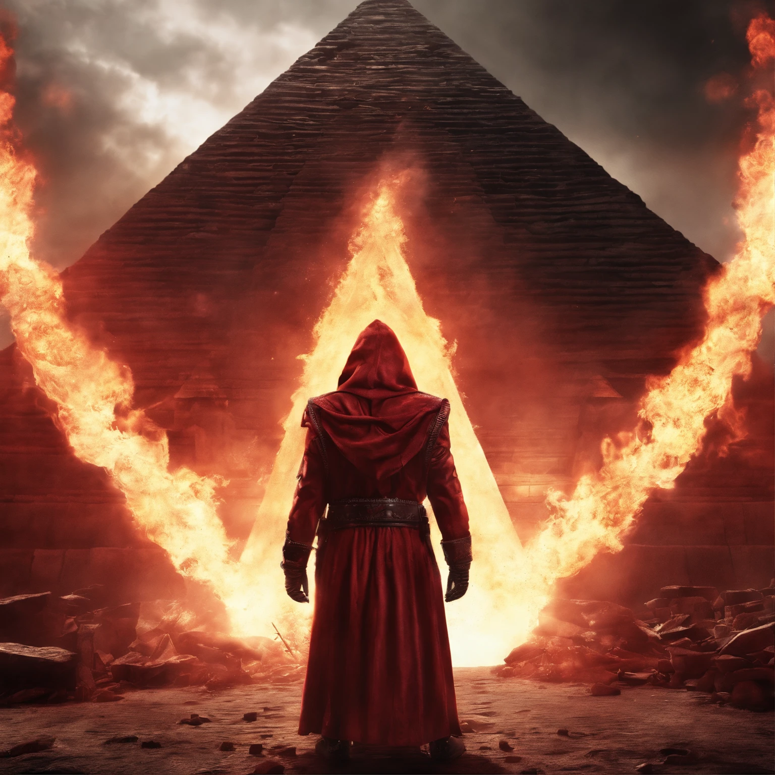 several men dressed in red and black hoods and tonics, in the Ku Klux Klan style, in the background a pyramid with an eye in the middle, a sinister being above the pyramid, cinematic image, with half light, 4k, shadow, smoke and fire, sharp and well-defined details.