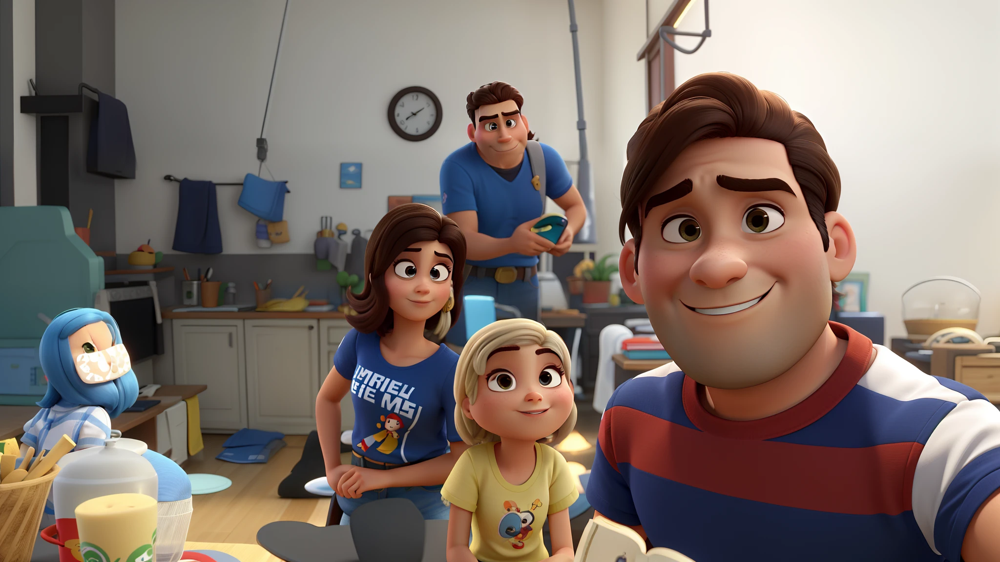Pessoas em e uma mulher com cabelo cacheado sentada e um homem careca sentado estilo Disney Pixar, alta qualidade, melhor qualidade