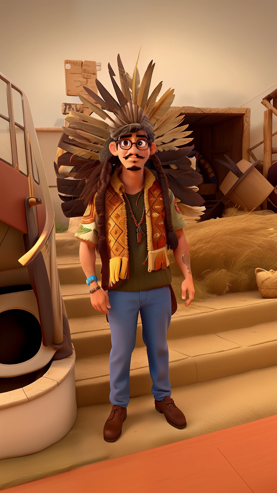 Use essa imagem para fazer um personagem da Disney Pixar. He must be an indigenous, with glasses and mustache, conforma a imagem