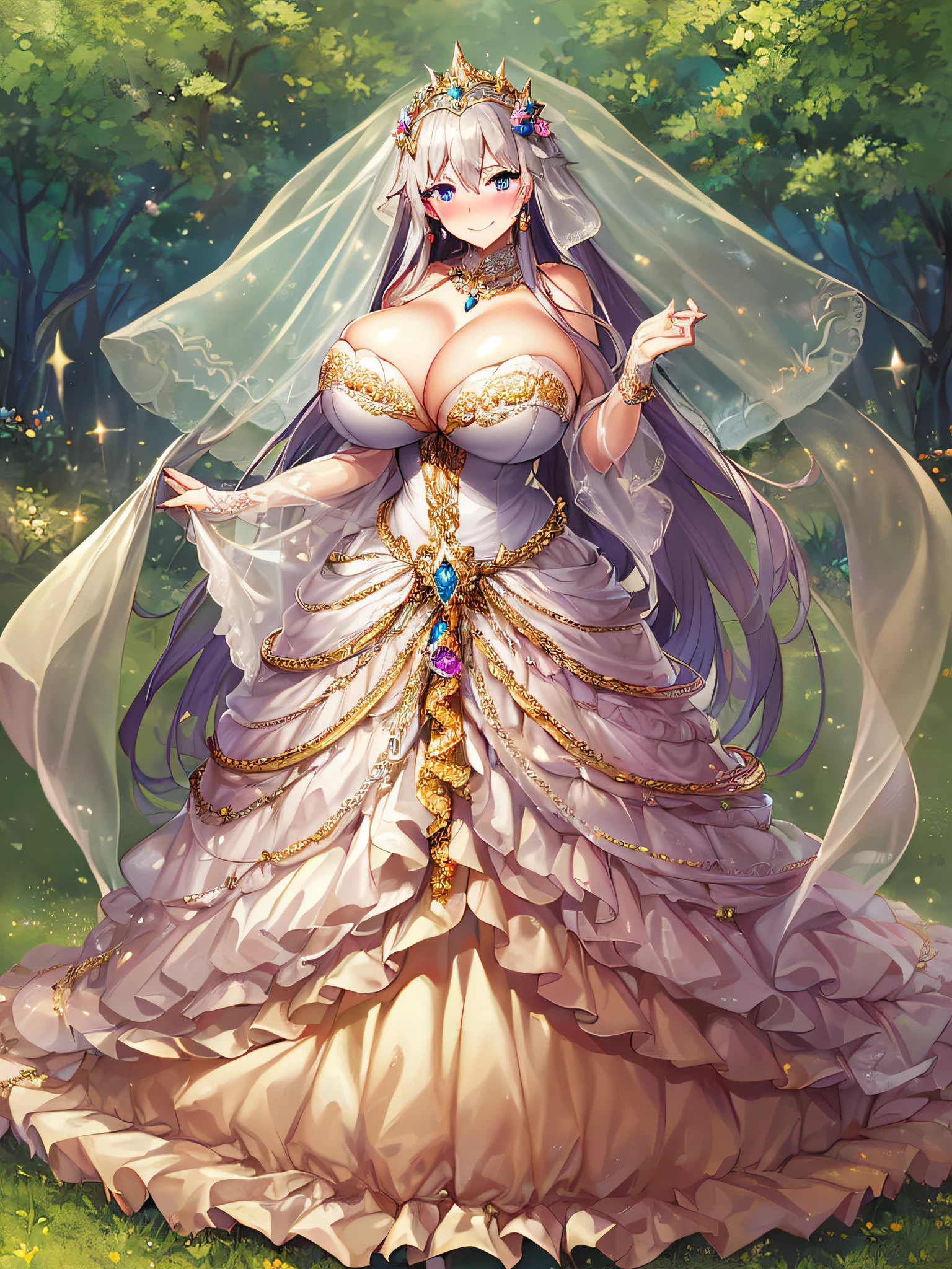((Anime Art Style)),(masutepiece),(Best Quality), (Super Detail),((Very delicate and beautiful)),((Full body portrait)),((Stand in the garden)),((Solo)),(((One princess in very gorgeous Cinderella ballgown with voluminous full length hoop skirt))),Long Train,(((very very gigantic boobs,Skindentation))),((large amount of straight hair,extremely voluminous Hair,Very Long Straight Hair)),(finely detailed face and eyes),((Seductive smile,embarrassed)),(extremely gorgeousfull hair ornament,very gorgeous tiara adorned with bling-bling jewels),Gorgeous Long Veil,(opera gloves),(Beautiful background),(Full body),((gorgeous Cinderella ballgown with voluminous full length hoop skirt)),