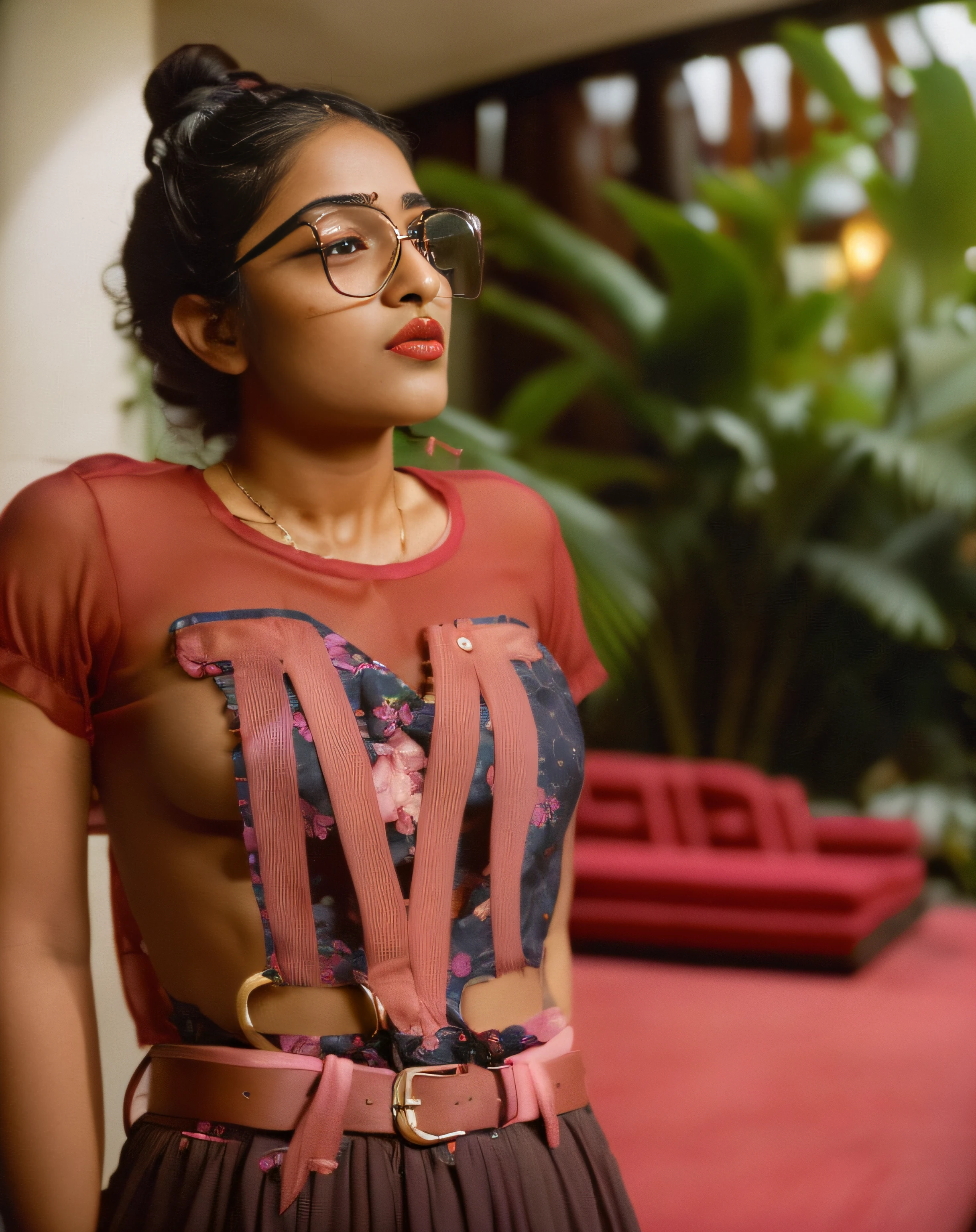(editorial photograph of a young Indian woman with big breast), karla ortiz, (highly detailed face:1.4) (smile:0.7) (backround 5 star hotel ,moody, private study:1.3) POV, by lee jeffries, nikon d850, film stock photograph ,4 kodak portra 400 ,camera f1.6 lens ,rich colors ,hyper realistic ,lifelike texture, dramatic lighting , cinestill 800, realistic, wearing Black dobby weave self design fit & flare dress Sweetheart neck Short, puff sleeve Tie-up detail on back Above knee length in flounce hem Attached Lining Chiffon fabric,(big natural pink-red lips),actress, karla ortiz, posing!!, candid picture, by Max Dauthendey,