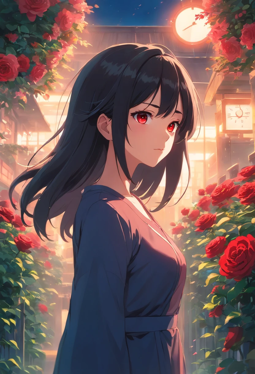 best quality,ultra-detailed,Kurumi Tokisaki,anime,portrait,red eyes,long black hair,fierce expression,beautiful detailed face,intense gaze,dark atmosphere,background with clock,black dress,frilly sleeves,standing in a desolate garden,surrounded by red roses,blooming flowers,vivid colors,soft lighting,hauntingly beautiful,powerful aura