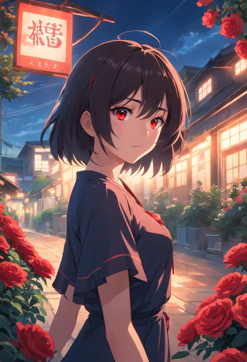 best quality,ultra-detailed,Kurumi Tokisaki,anime,portrait,red eyes,long black hair,fierce expression,beautiful detailed face,intense gaze,dark atmosphere,background with clock,black dress,frilly sleeves,standing in a desolate garden,surrounded by red roses,blooming flowers,vivid colors,soft lighting,hauntingly beautiful,powerful aura